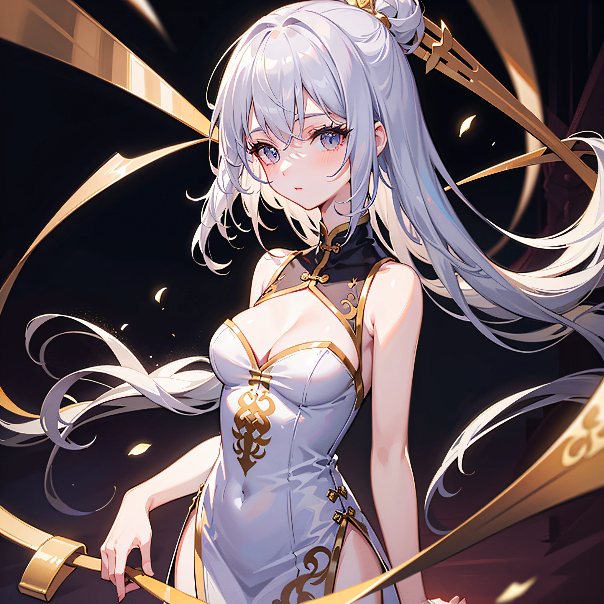 A woman in elaborate and ornate costume stands on the bridge,complex clothing,Delicate accessories for the upper body and head,China-style,Short dress,Long-tailed skirt,silver-white long hair,Ray traching,shadowing,Ultra-high sharpness,exposed bare shoulders。