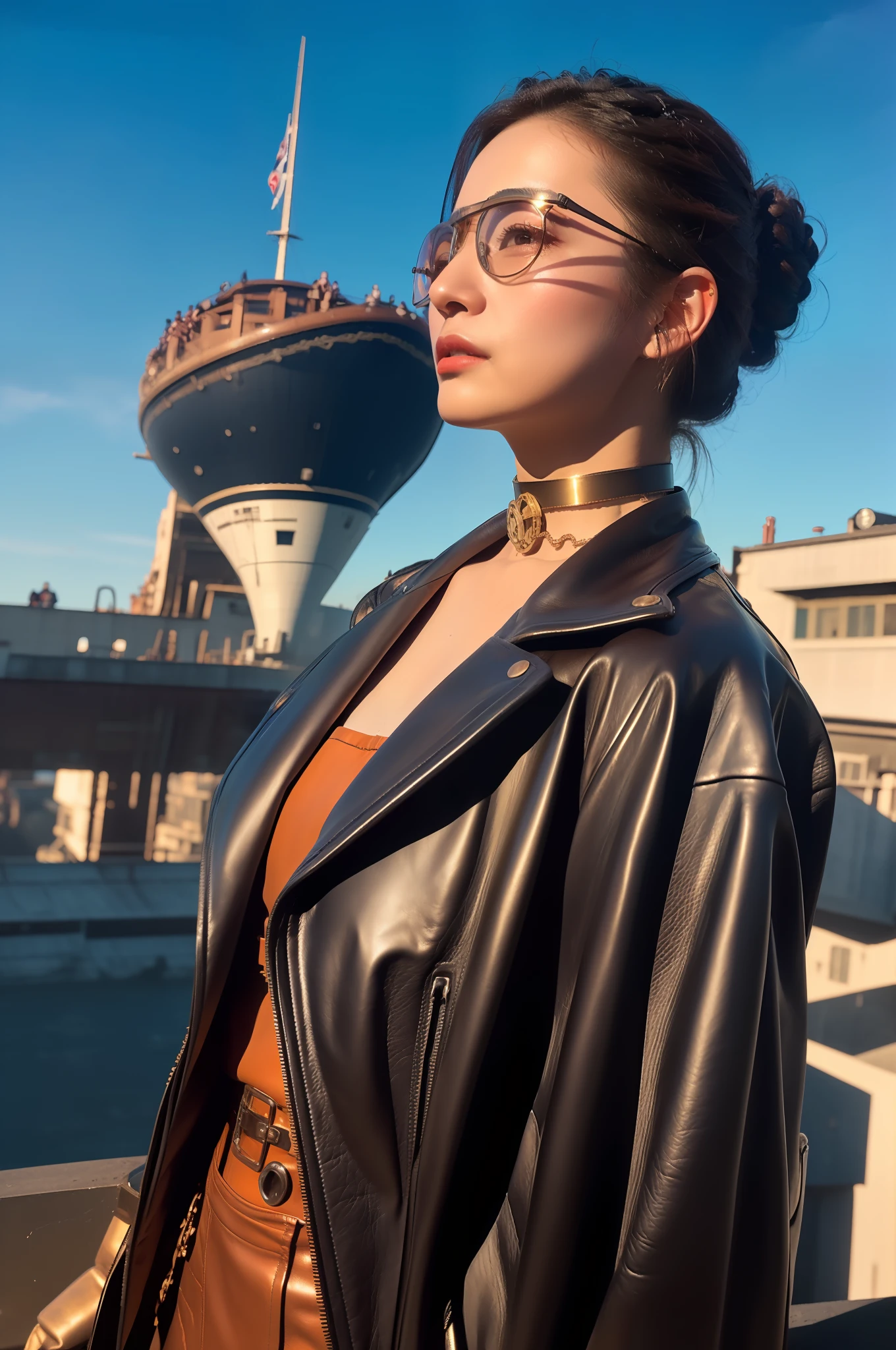 (a detailed portrait RAW photo of a gorgeous beautiful ((Finnish)) , realistic, solo, front view,POV,looking in camera, flirting with the camera, (masterpiece),(photorealistic:1.3), nfsw, ultra-detailed, (high detailed skin:1.2),(best quality:1.0), (ultra highres:1.0),(by samdoesart, by Antonio J. Manzanedo), fit, back light, GOLDEN HOUR, petite, choker, slim, choker, beautiful, Wearing a stylish leather jacket with intricate gears and goggles,
Hair styled in a voluminous updo with gears and cogs as accessories,
Accessorized with leather gloves and a utility belt with various gadgets,
Posing with one foot on the edge of an airship, looking off into the distance,
Captured from an above view angle,
The scene set in a steampunk-inspired sky filled with floating islands and mechanical contraptions.