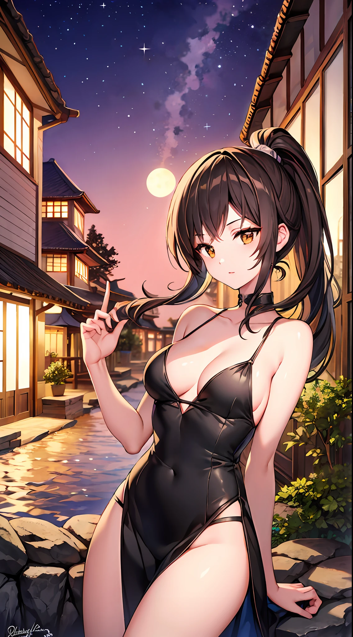 masterpiece,bestquality,highlydetailed,ultra-detailed,light,pale,romanesque architecture streets,in the palace,in the street,on a hill,1girl,orange eyes,yellow sclera,long hair,black hair,Colored inner hair,black_hair,Sidelocks,high ponytail,ponytail,medium breasts,flower ribbon,by the moon,in misty onsen,on the beach,beautiful purple sunset at beach