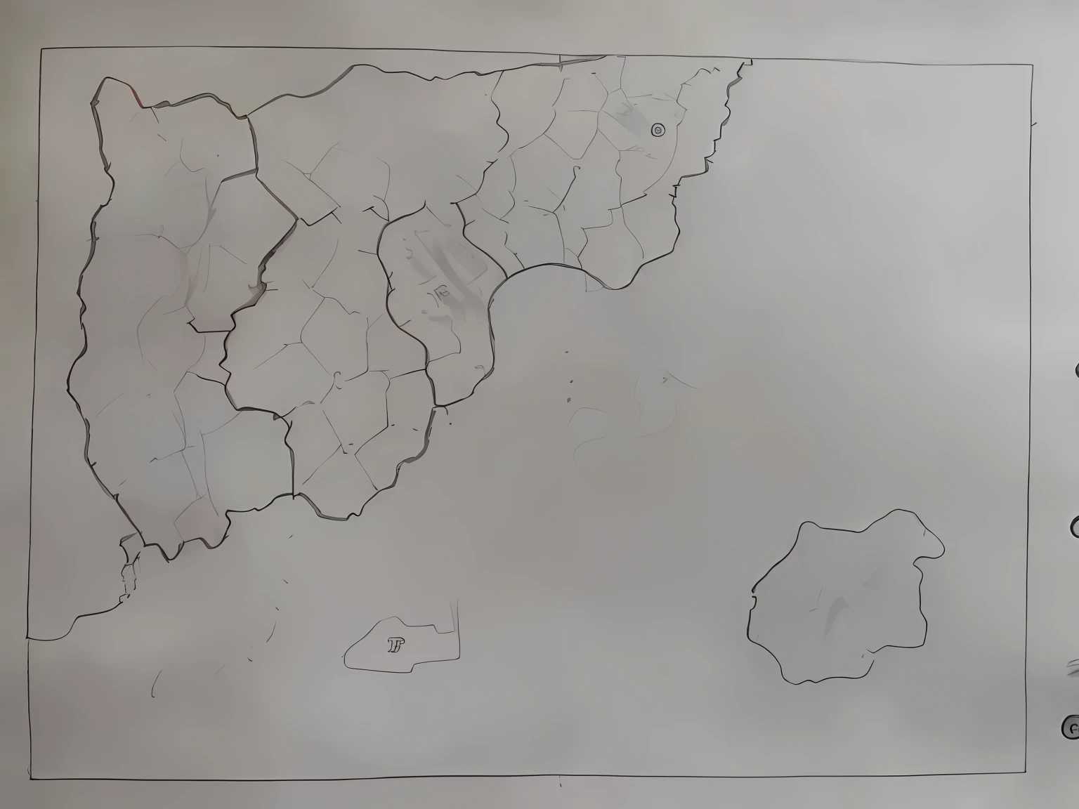 Drawing of the National Map of Ireland, based on geographical map, simple fantasy map, outlines, layout of map, Map of Patryne, detailed but rough, battle map prop, dnd map, handpainted, r / Battle map, Complex shading, Grid-free DND map, ink outline, Fantasy map, black ink outline, scattered islands, Cartographic