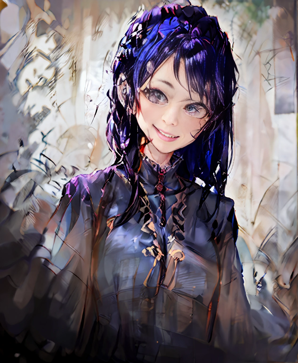 Photo of purple hair，Draw a woman with a smile on her face, unknown artstyle, speedpaint, Gloomy face, expressive digital painting, #1 digital paintting of all time, # 1 digital paintting of all time, Purple head, with no face, eerie person, speedpainting, scary portrait, portrait of a small, digital painted