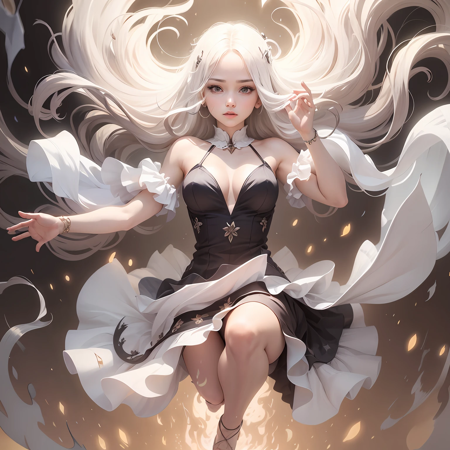 Woman in the air, elegant floating pose, She floats in the air in a magical floating pose, Floating in mid-air, female floating, floating in air, Floating long hair, white hair floating in air, floating in empty space, --auto