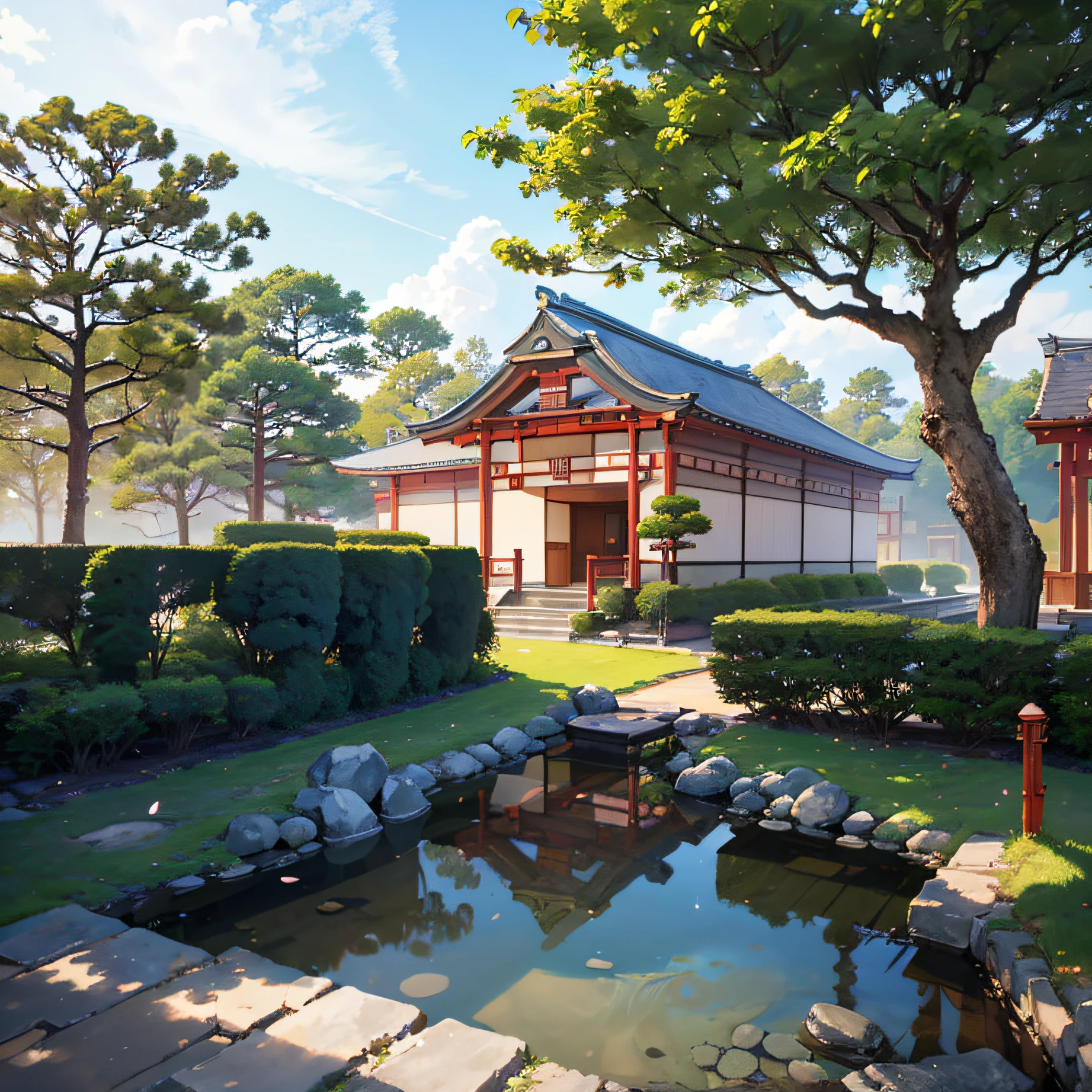 (Japanese town Landscape:1.2)，(in style of hayao miyazaki:1.3)，Cartoons，Japanese-style villa，Wagas，Corners，The tree，pole，baiyun，Calm scenery，exteriors，green trees，Epic composition，realistic illumination，high definition detail，tmasterpiece，best qualtiy，(Detailed CG unified 8k wallpaper:1.4)， 。 --auto --v6