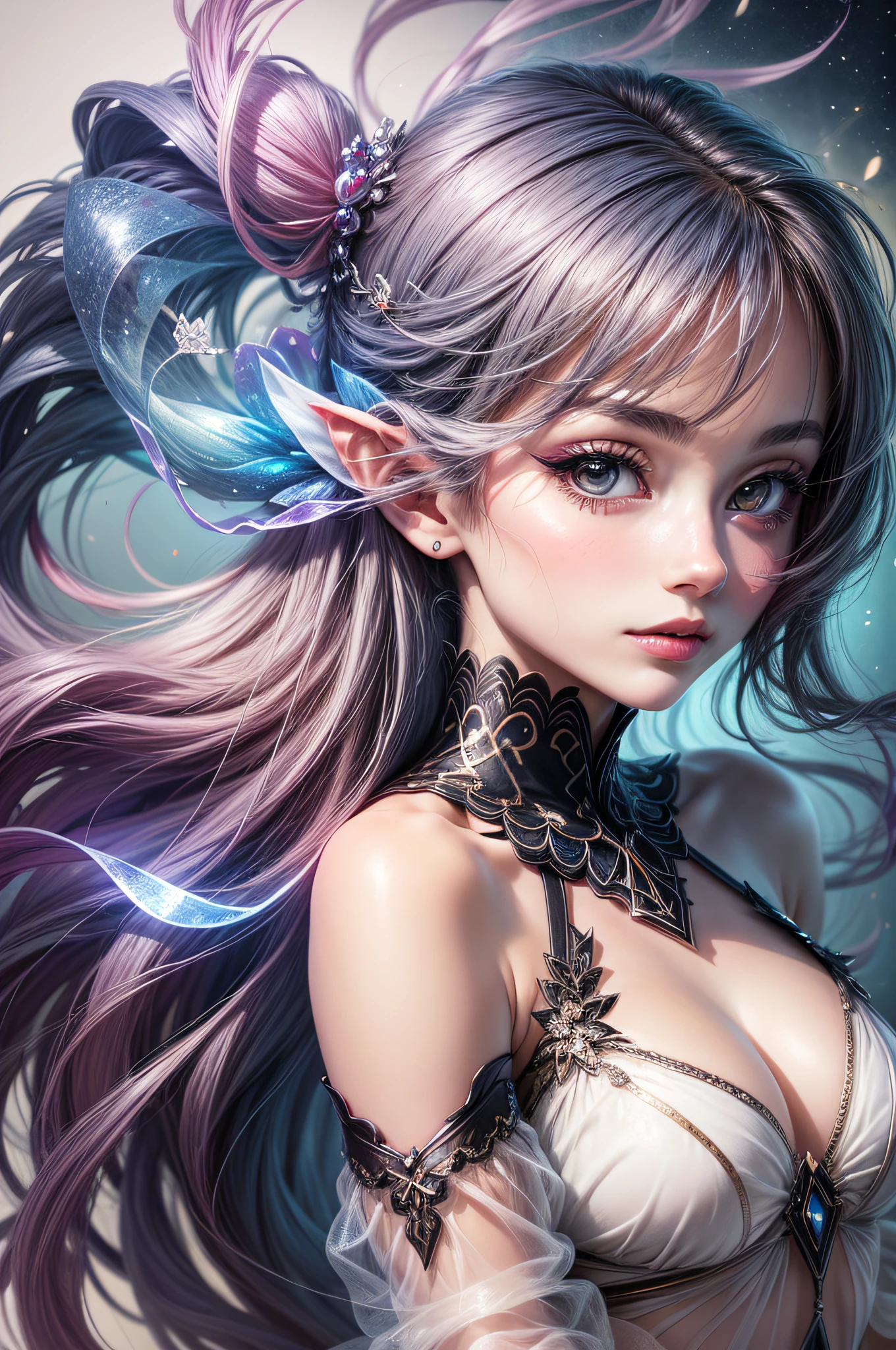 Beautiful girl story wrapped in love, Beautiful eye details, A captivating anime girl gracefully emerges from the pages of a watercolor painting, Her vivid and complex colors are, Bring your artwork to life, (see-through transparent clothes, transparent costume:1.5), She dons an extraordinary fantasy costume adorned with delicate details, reflecting the enchanting world she inhabits, Luminescent elements, like glowing crystals and ethereal wisps, surround her, casting a soft, otherworldly glow, The style of watercolor painting is、Imbues the image with a sense of fluidity and delicacy, as if the colors are effortlessly blending and bleeding into one another, Camera shot: medium shot, Soft Focus, luminescent glow Lighting, watercolor brushstrokes, Sophisticated and very delicate anime illustration, unique colors, Portrait of an anime girl, infinite love, rainbow-colored, beautiful girl illuminated by seven colors of light,