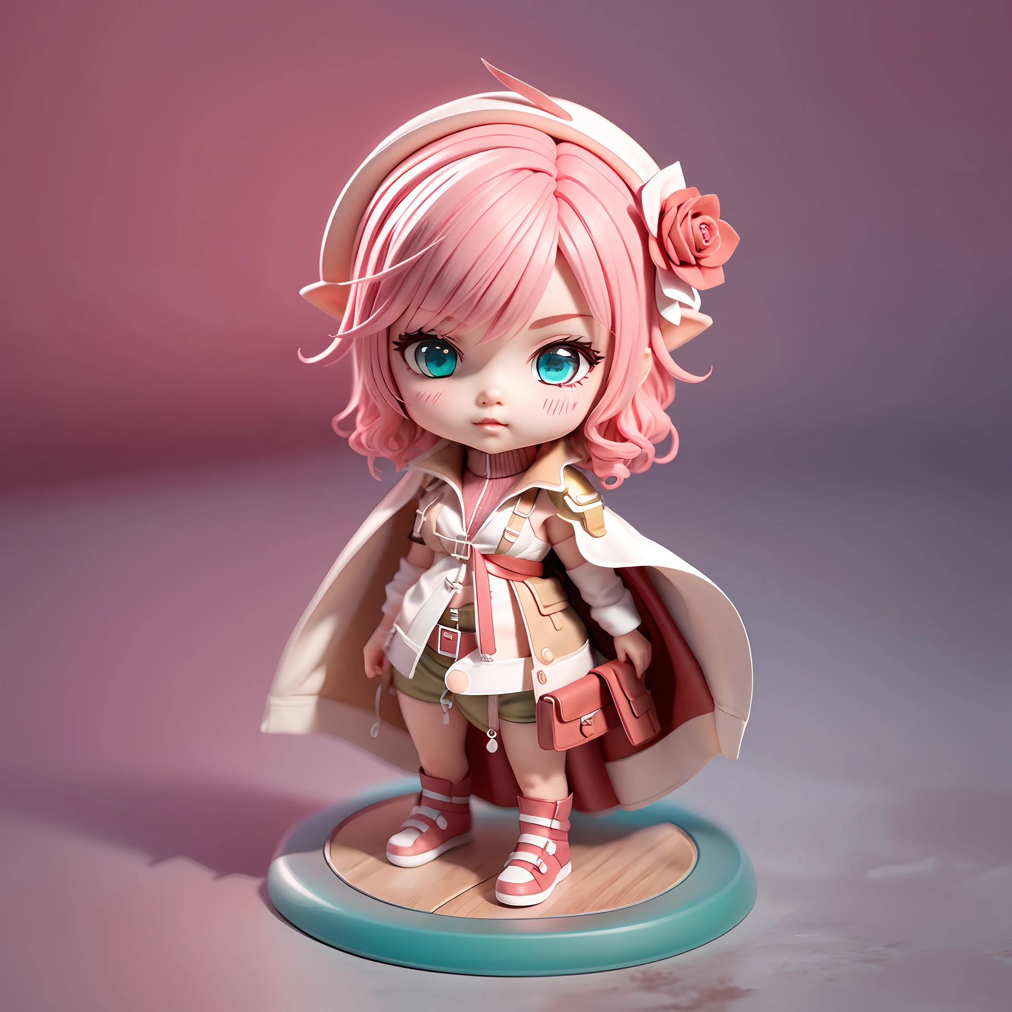 blind box toy style, chibi, full body, foot stand, lighting final fantasy, medium short hair, wavy rose pink hair, bright aqua eyes, white shirt, red cape, standing