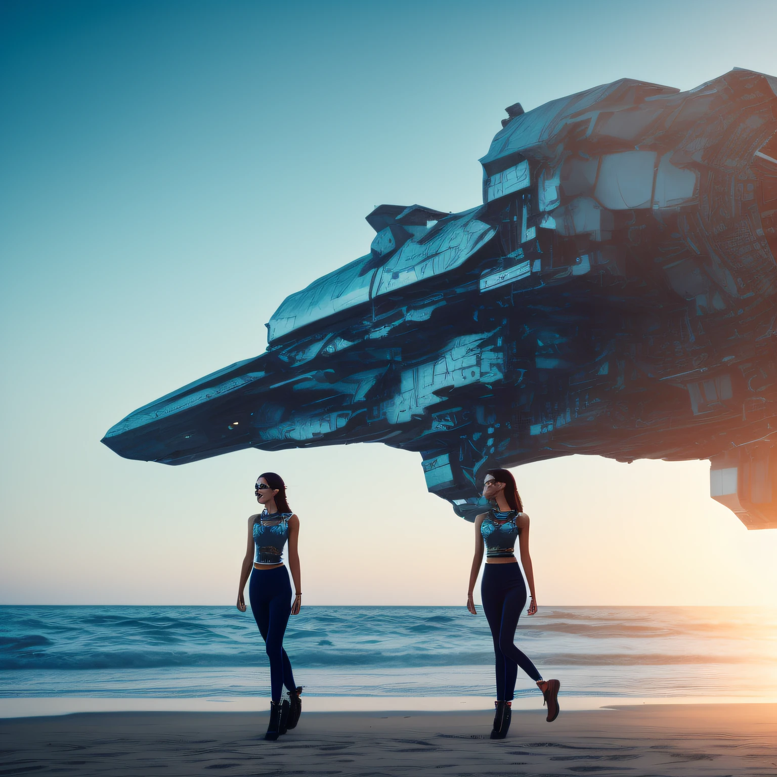 Best quality, delicate face, 25-year-old girl, slim body, body made of metal, small bust, metal structural skeleton, seaside, standing posture, beach, huge spaceship floating in the air, cyberpunk, sci-fi --auto