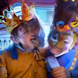 A boy with a crown on his head and a boy with paint on his face, ruan jia and brom, Ruan Jia and Fenghua Zhong, wholesome, Boys, kid, Wearing a golden crown, wearing crown, with crown, wearing kings crown, Wearing a crown, brothers, caring fatherly wide forehead, with a child, wearing gold crown, Boy