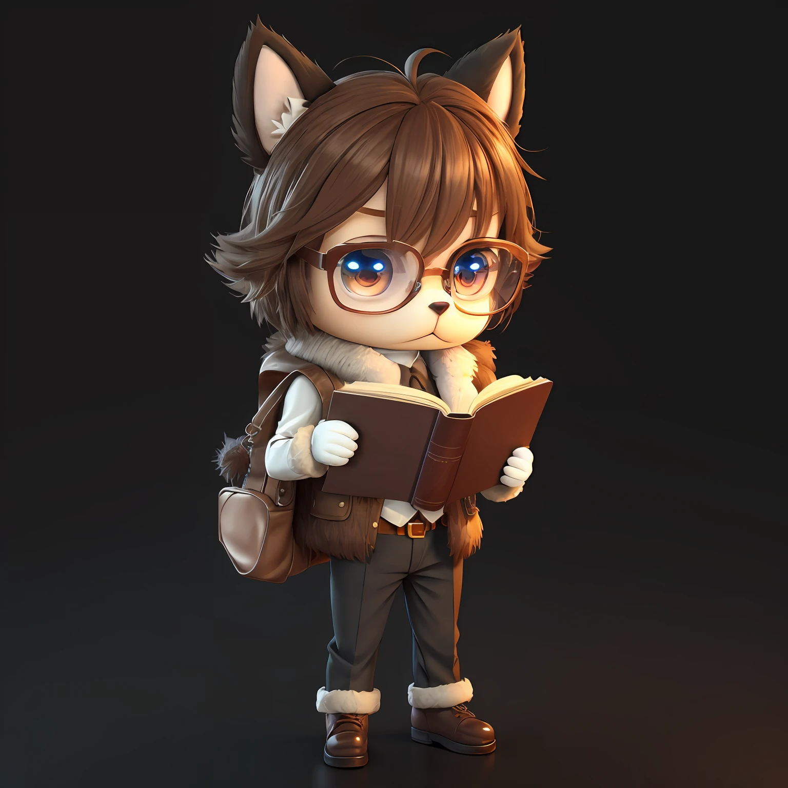 Anthropomorphic character with human shape, big expressive eyes with glasses, neutral color fur, elegant vest and classic pants, holding an open book, hd, realistic, disney style, chibi style, 3d, 8k, full body --auto