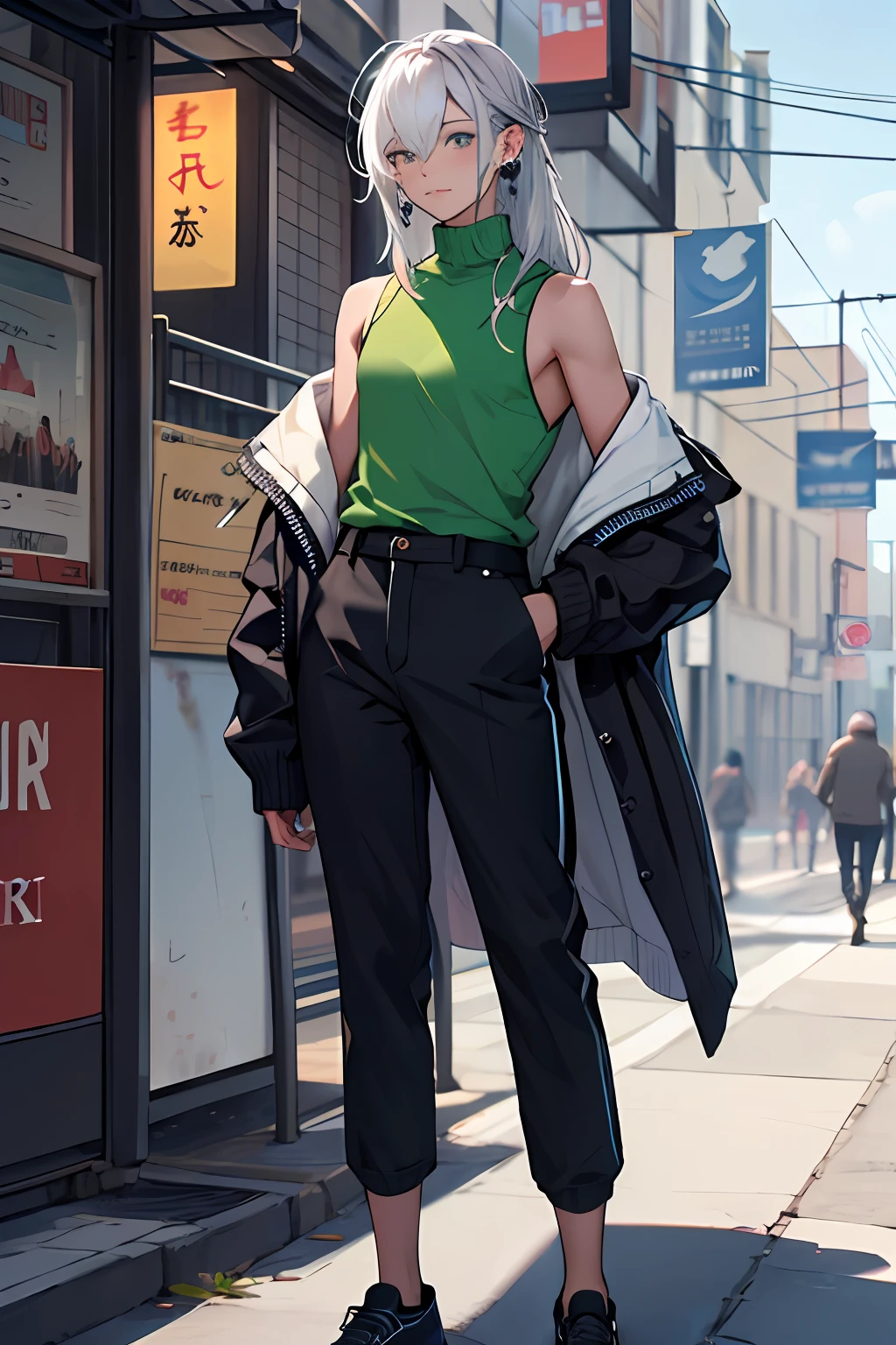 1 androgynous person, flat chest, clear detailed eyes, white hair, long hair, light green under highlight, sleeveless turtleneck, off-shoulder dark cardigan, one long earring on the left ear, stud earring on the right ear, black pants, dark slip-on shoes, silver bracelets on both wrists, The androgynous person is in the center of the frame, The pose is relaxed, The vista is a light blue virtual cyber world