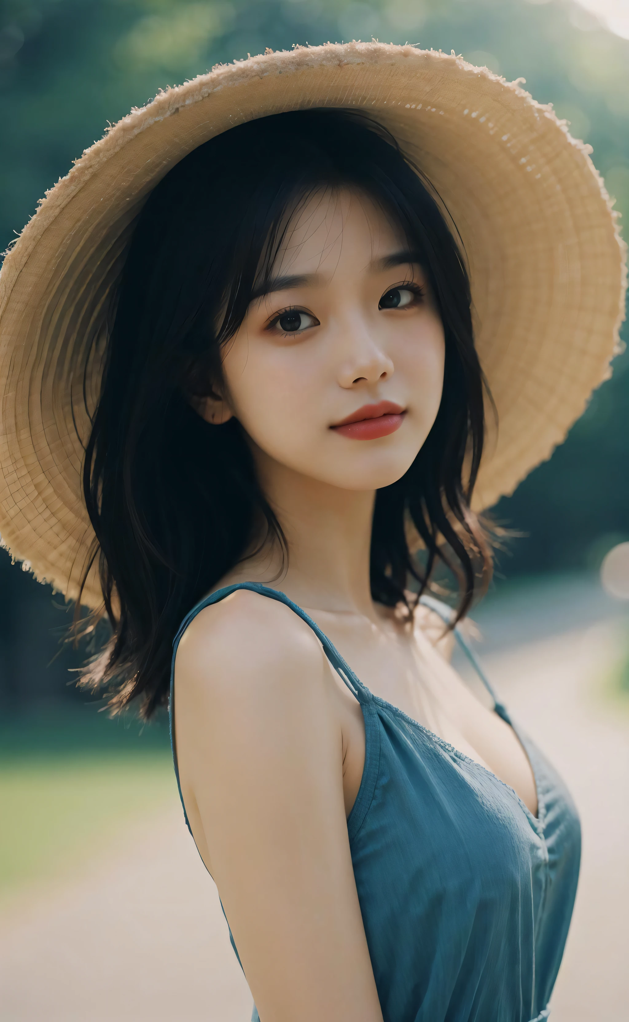 Best portrait photography, 35mm film, natural blurry, 1girl, sun dress, wide brimmed hat, radiant complexion, whimsical pose, fluttering hair, golden sunlight, macro shot, shallow depth of field, bokeh, dreamy