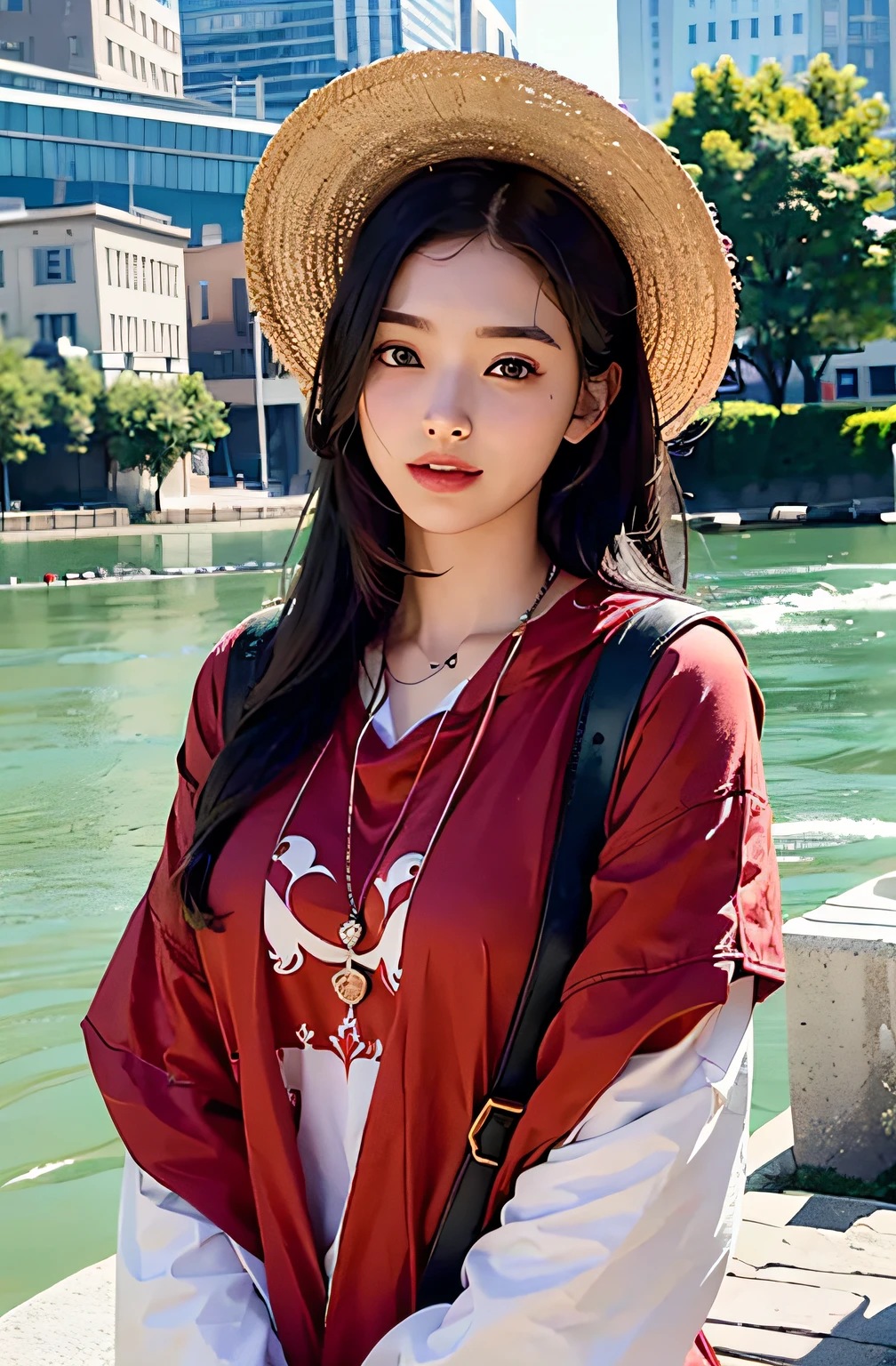 best qualtiy、masterpiece、photoRealstic、intricate-detail、Raw foto、Photon Rendering、Octane Rendering、absurderes、ultra-detailliert、A detailed face、Detailed skin、Trending in art stations、8K Masterpiece、lighting like a movie、( (1girl in))、((独奏) ))、((Behold))、CG Social Trends、Plastic En、((Black Long Hair))、((Beautuful Women))、(A smile)、show the grinps、Upper teeth、Fashionable、summer clothing、Hair that flutters in the wind、((Flowing hair))、fashion magazine、(A sexy)、((lighting like a movie))、((angling))、((a river))、