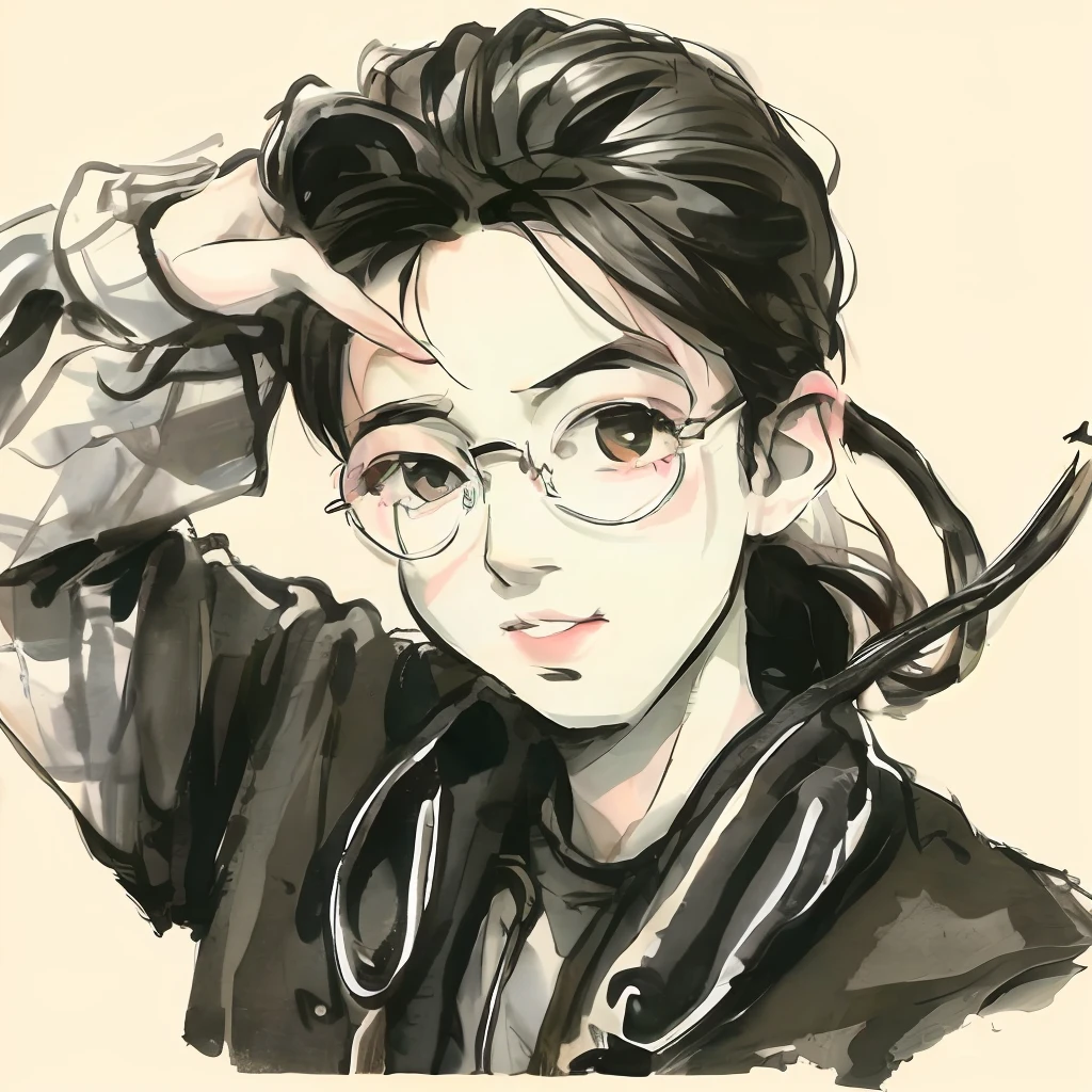 Boy hood Polytechnic half-rim glasses Figure-eight beard Inch head Art Cartoon