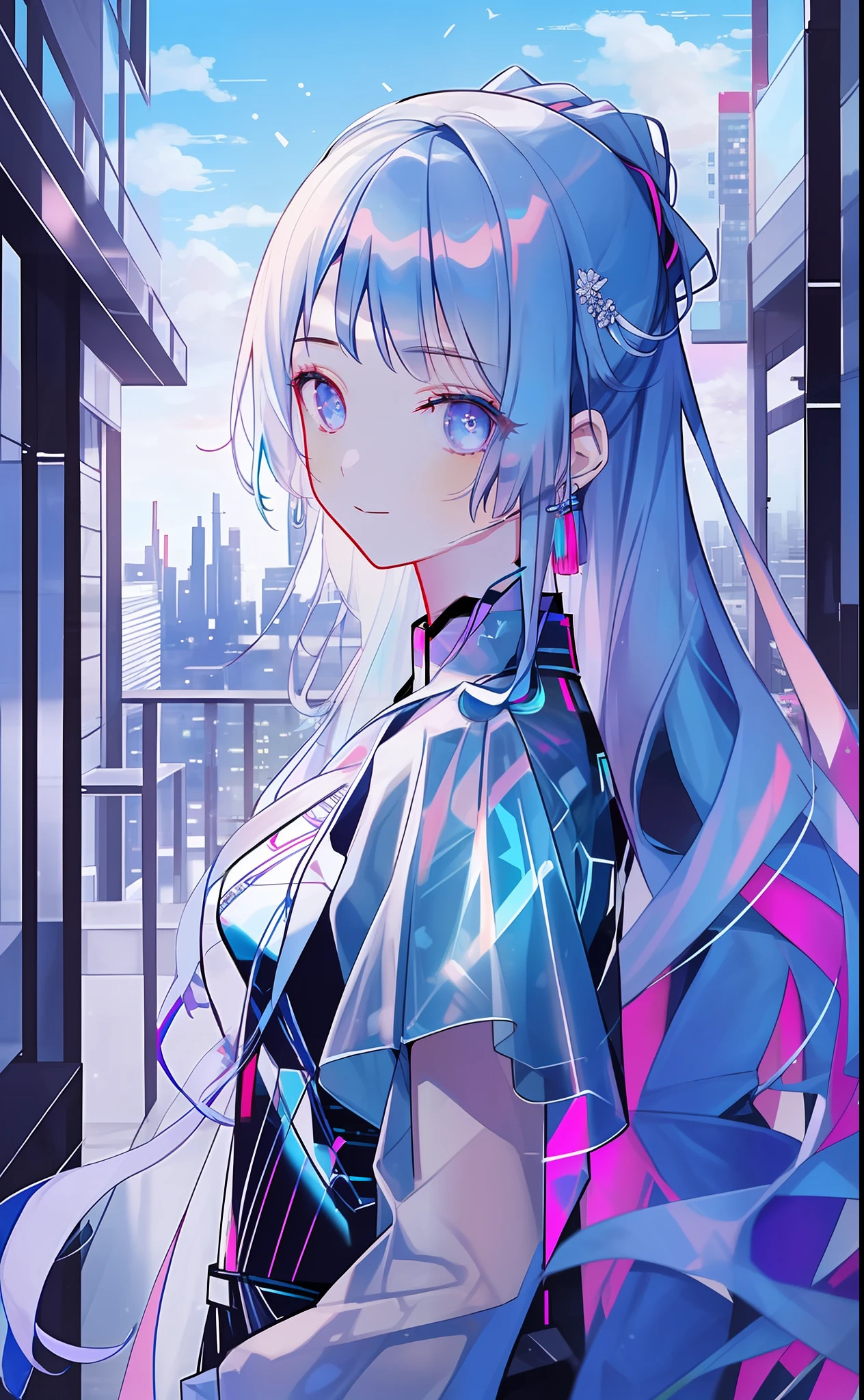 Best quality, Masterpiece, 超高分辨率, 1girll, Blue hair, Cyberpunk, holograph, Transparent, City, toplight, view the viewer, Very long hair, Portrait,