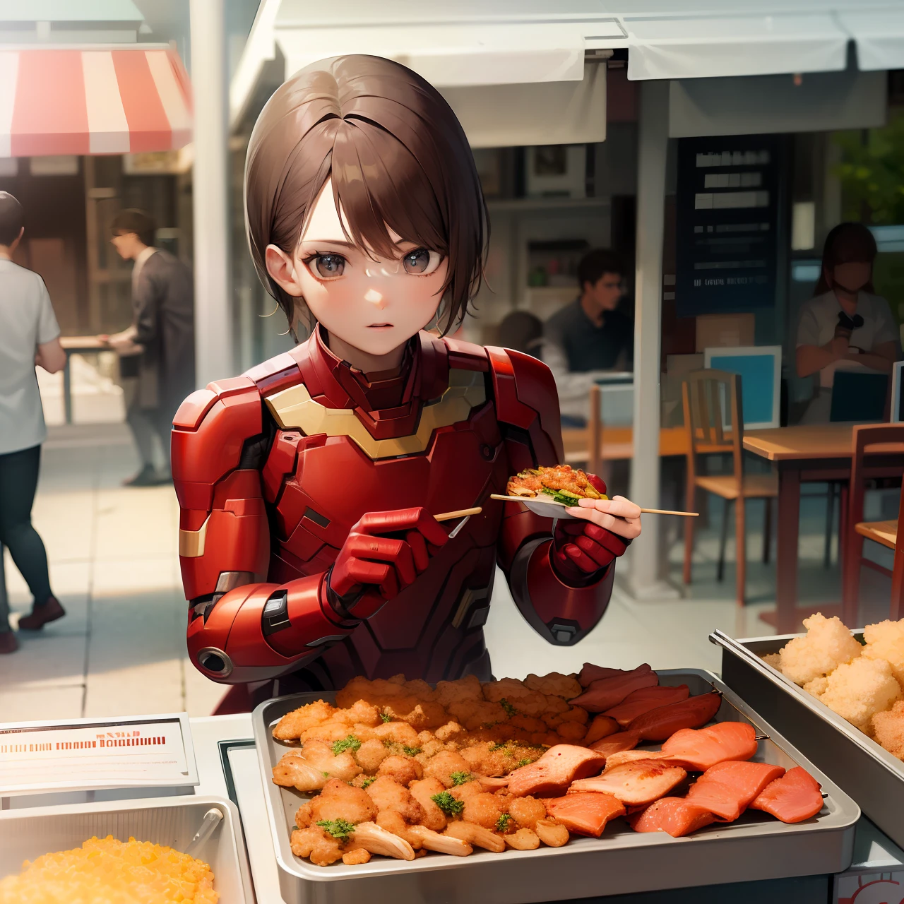 Iron Man sells chicken skewers at a street stall