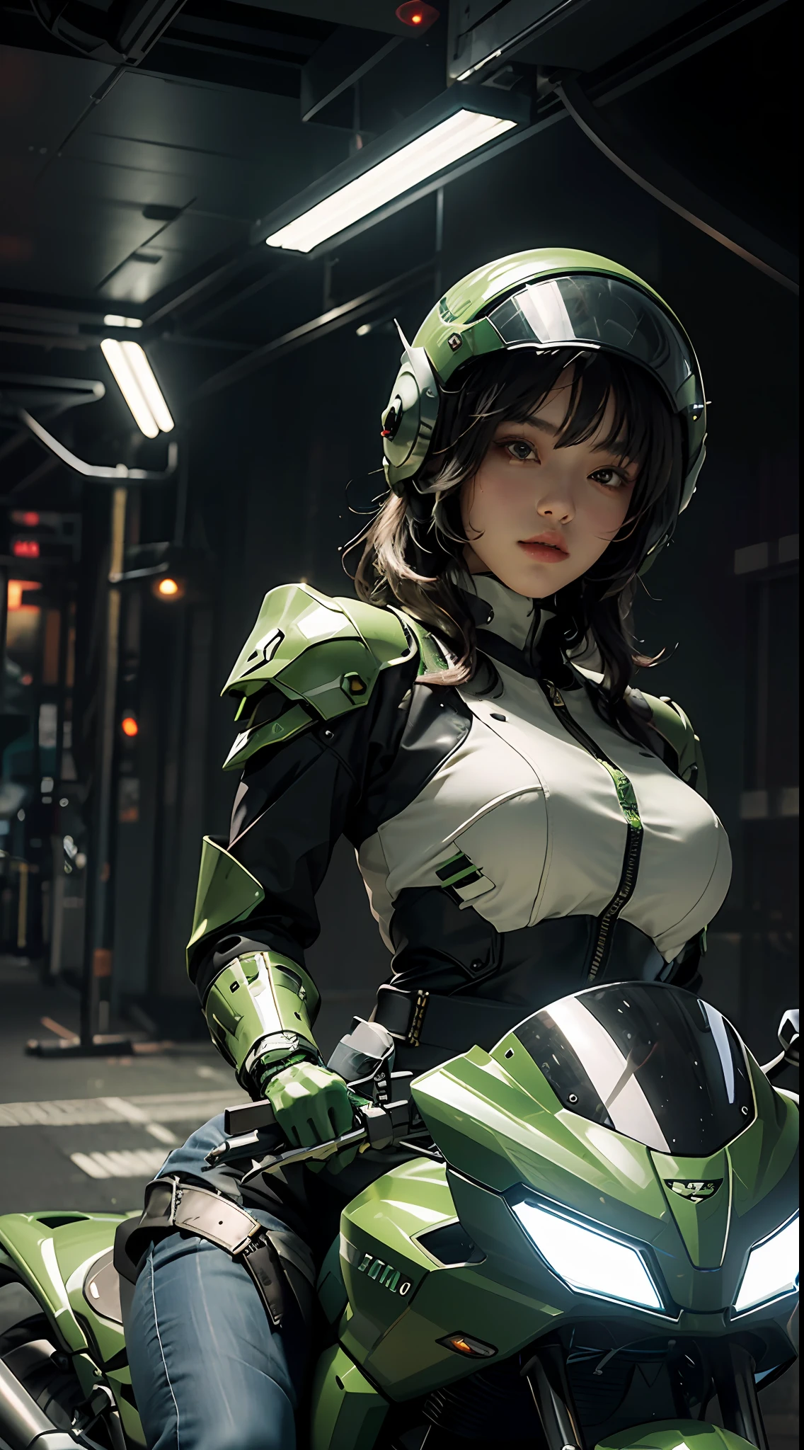 Highest image quality, outstanding details, ultra-high resolution, (realism: 1.4), the best illustration, favor details, highly condensed 1girl, with a delicate and beautiful face, dressed in a black and green mecha, wearing a mecha helmet, holding a directional controller, riding on a motorcycle, the background is a high-tech lighting scene of the future city.