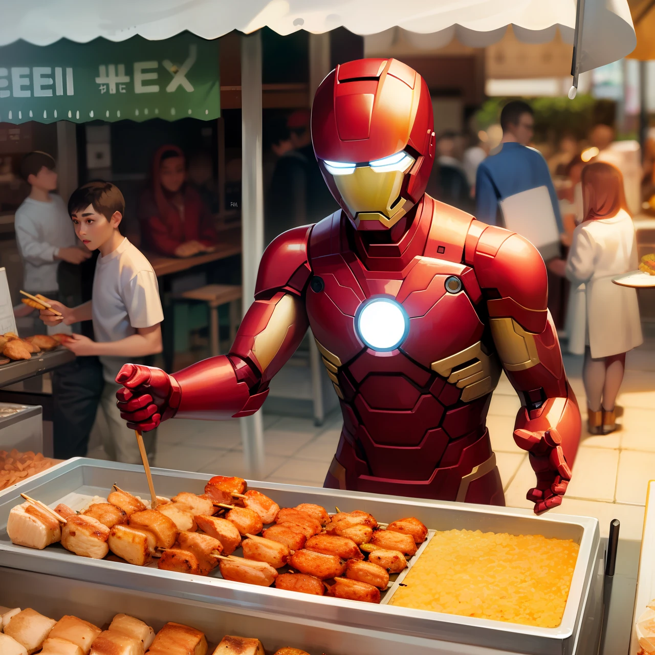 Iron Man sells chicken skewers at a street stall