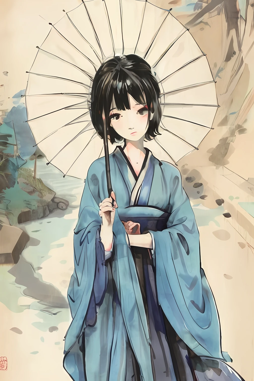 ancient wind,water ink,Woman with umbrella