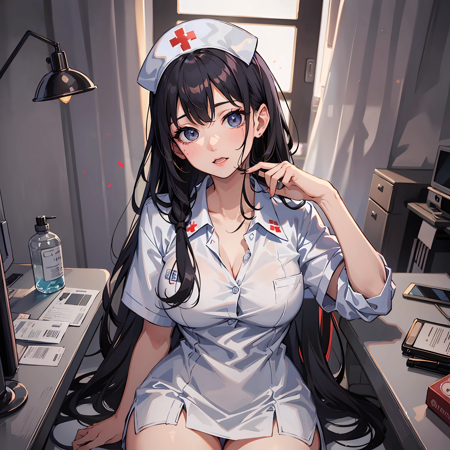 full bodyesbian,Long straight black hair,Nurse sister costume,white stockings --auto