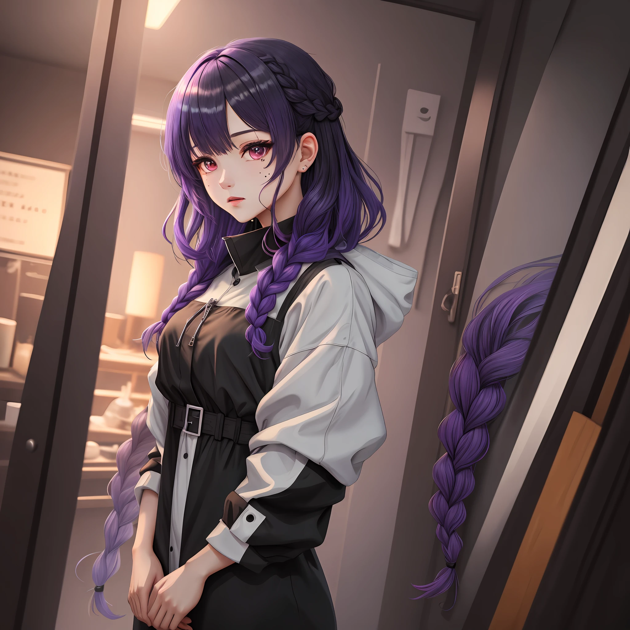 purple hair, gradient hair, black hair, braid, asymmetrical hair, mole under eye, Tonalism, anime, high detail, ray tracing, 8k