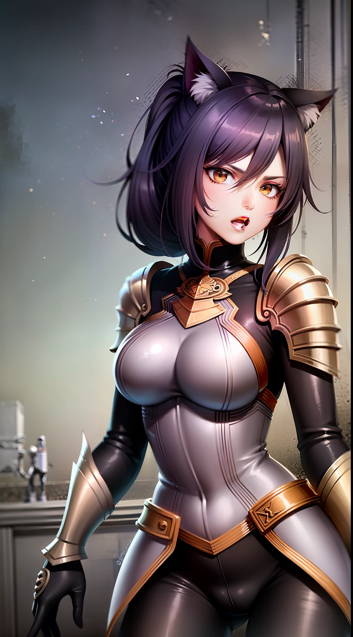 Adult woman, dark purple hair, low ponytail, golden eyes, cat ears, Tight-fitting leather armor, anger, Masterpiece, hiquality
