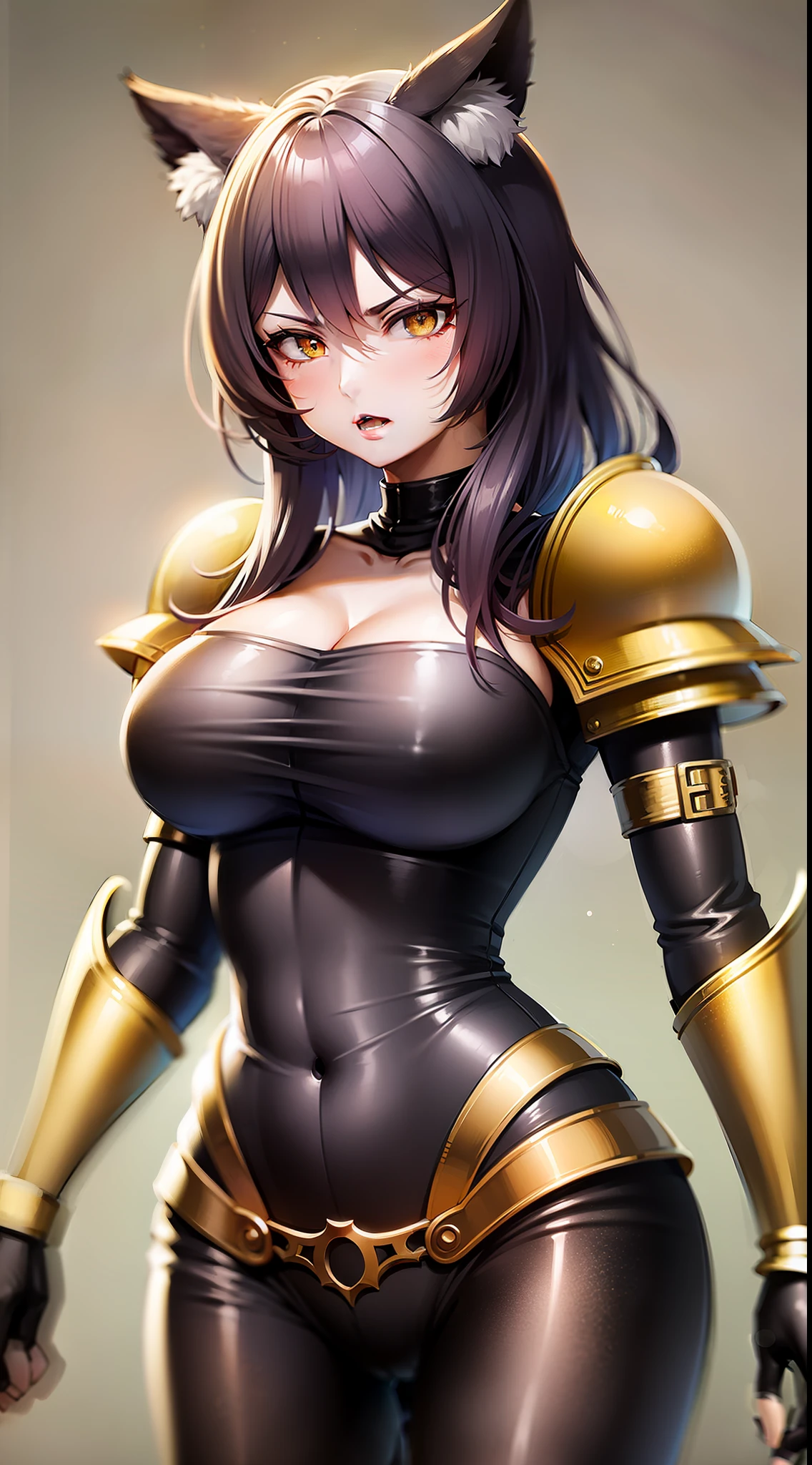 Adult woman, dark purple hair, low ponytail, golden eyes, cat ears, Tight-fitting leather armor, anger, Masterpiece, hiquality