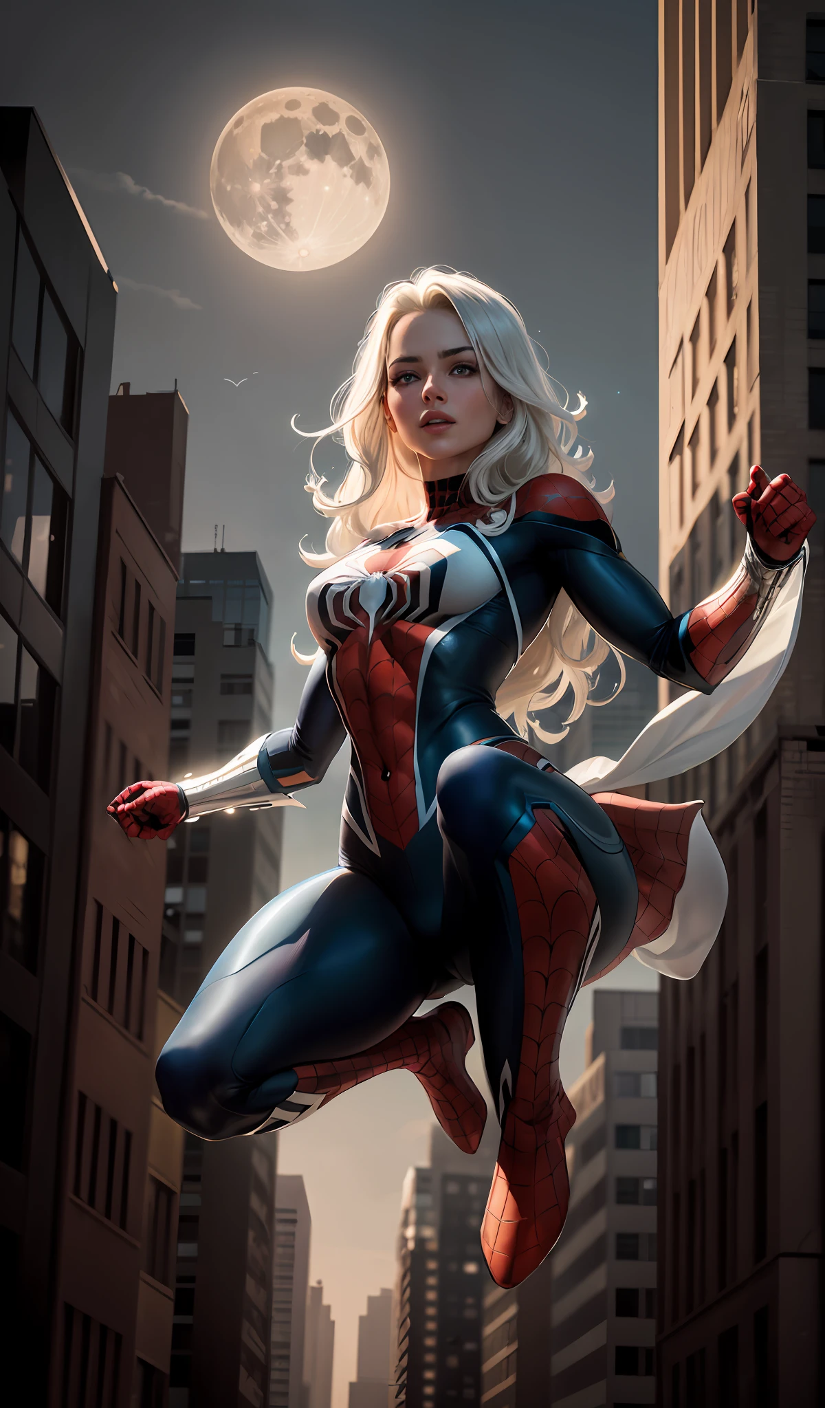 (Masterpiece, 4k resolution, ultra-realistic, very detailed), (White superhero theme, charismatic, there's a girl on top of town, wearing Spider-Man costume, she's a superhero), [ ((25 years), (long white hair:1.2), full body, (blue eyes:1.2), ((Spider-Man pose),show of strength, jumping from one building to another), ((sandy urban environment):0.8)| (cityscape, at night, dynamic lights), (full moon))] # Explanation: The Prompt mainly describes a 4K painting of ultra-high definition, very realistic, very detailed. It shows a superheroine at the top of the city, wearing a Spider-Man costume. The theme in the painting is a white superhero theme, the female protagonist has long white hair, is 25 years old and her entire body is shown in the painting.Bikini
