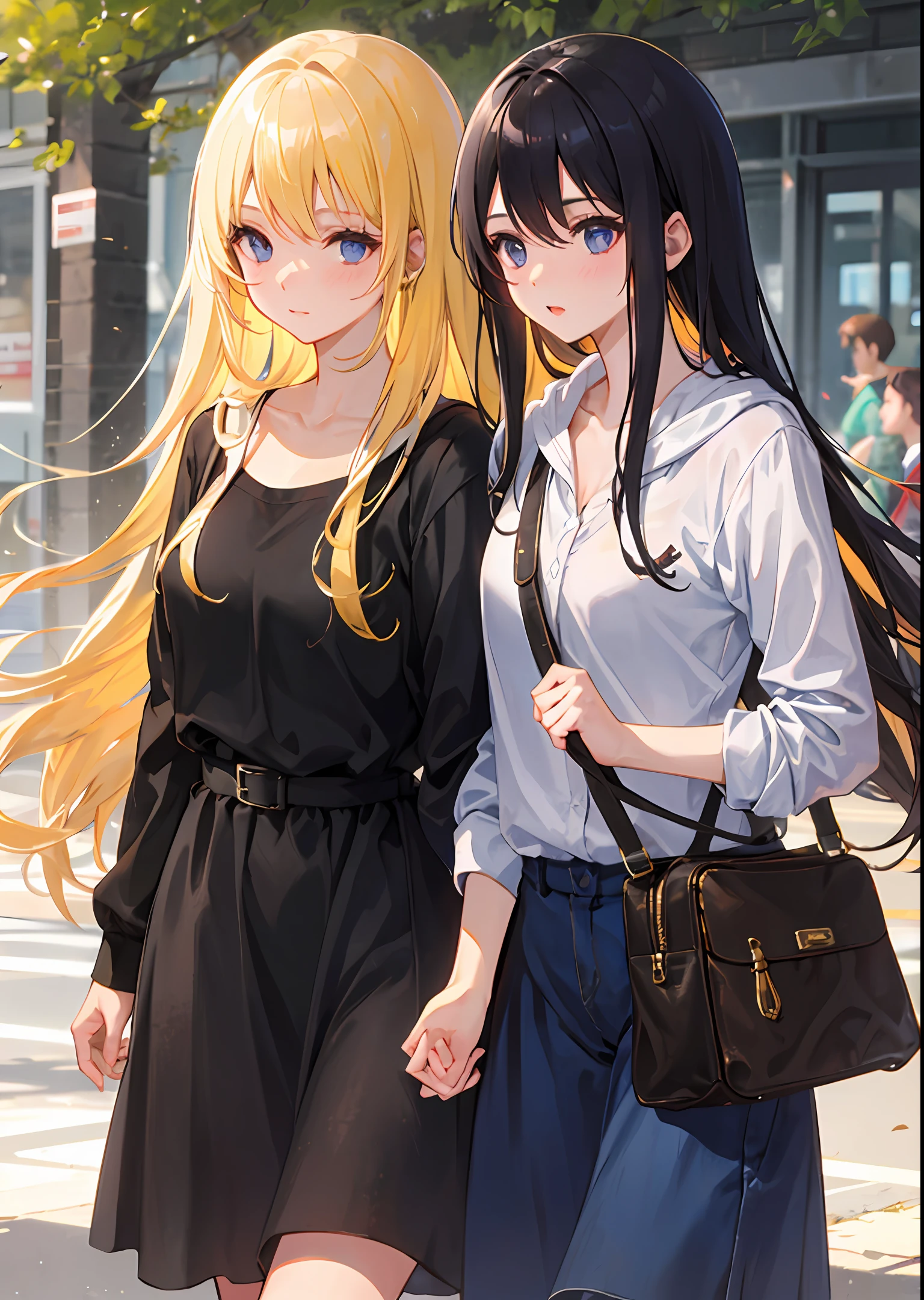 There are 2 girls on the way to campus，hands in arms，One long black hair and one long blonde hair