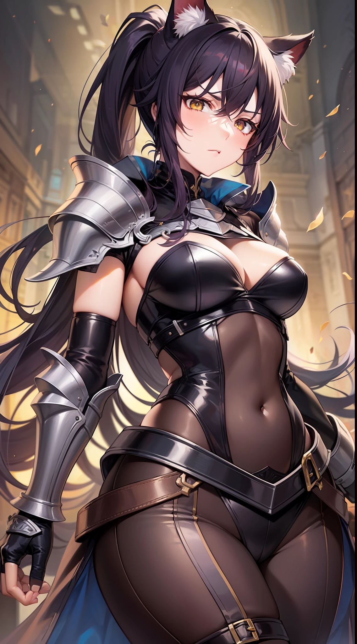 Adult woman, dark purple hair, low ponytail, golden eyes, cat ears, Tight-fitting leather armor, anger, Masterpiece, hiquality