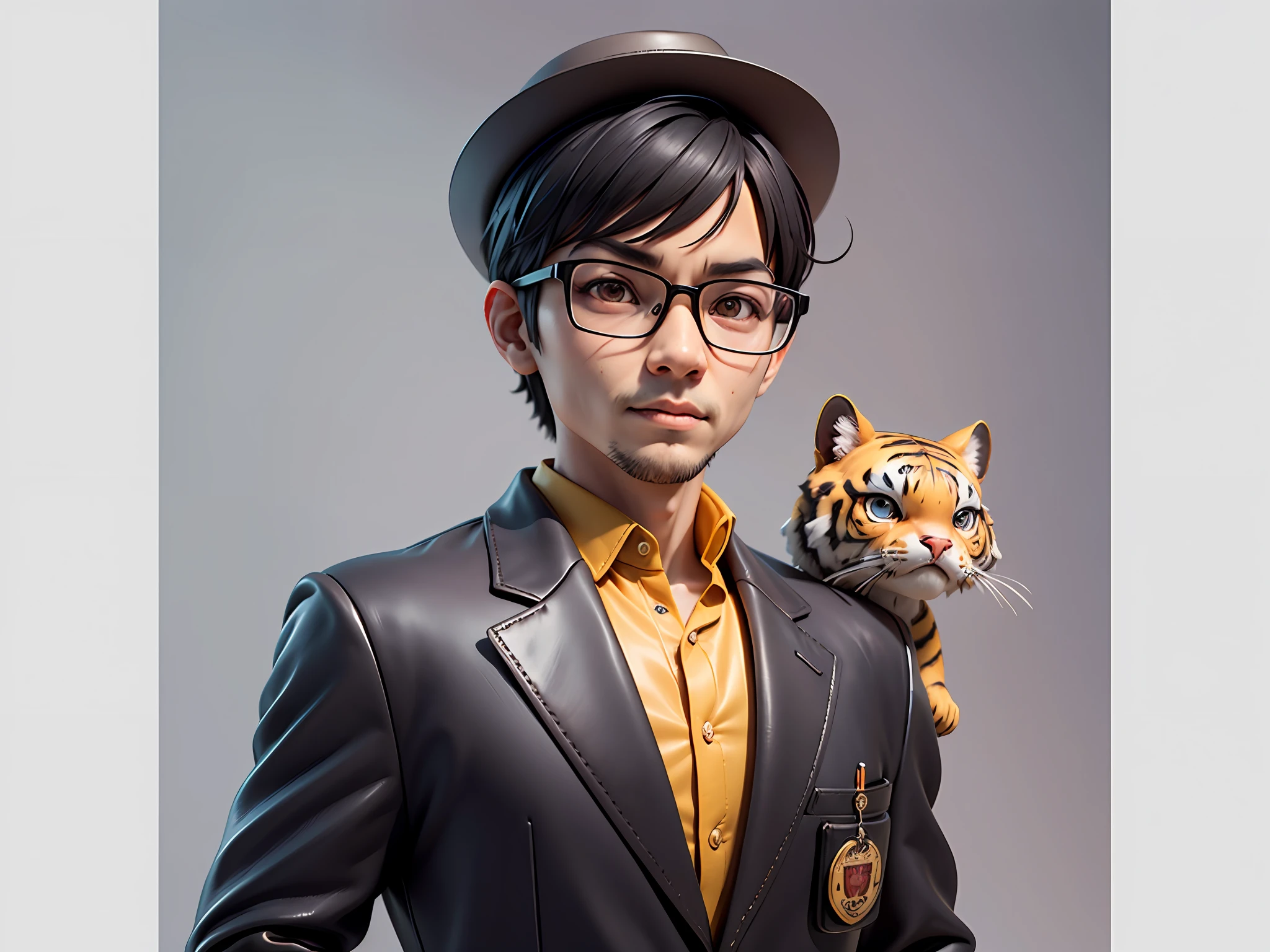 Young man with oriental face in leather hat, tiger, oriental face in formal suit, short black hair, silver glasses, digital painting, 3D character design by Mark Clairedon and Pixar and Hayao Miyazaki and Akira Toriyama, the illustration is a high-definition illustration in 4K resolution with very detailed facial features and cartoon-style visuals.