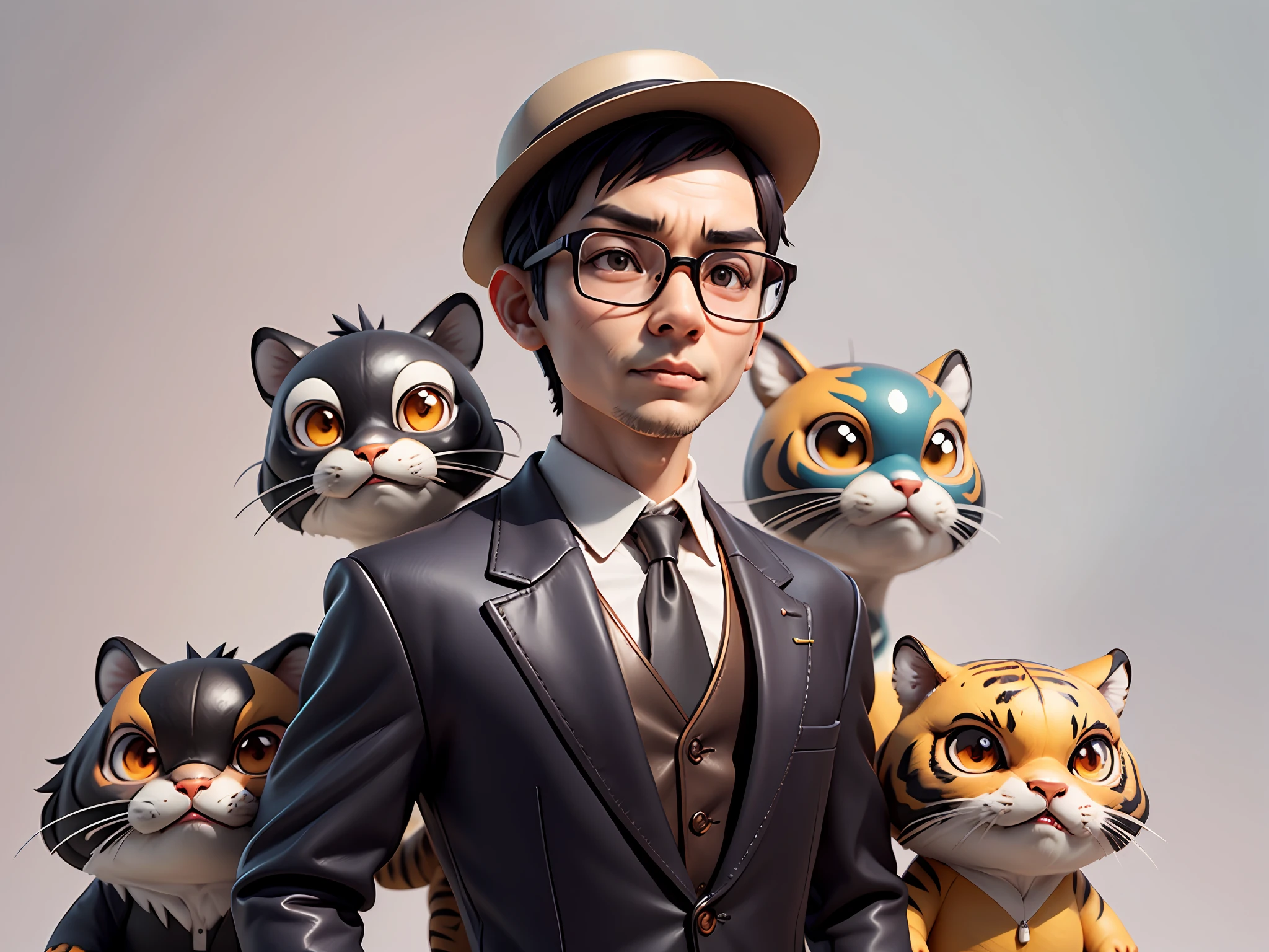 Young man with oriental face in leather hat, tiger, oriental face in formal suit, short black hair, silver glasses, digital painting, 3D character design by Mark Clairedon and Pixar and Hayao Miyazaki and Akira Toriyama, the illustration is a high-definition illustration in 4K resolution with very detailed facial features and cartoon-style visuals.