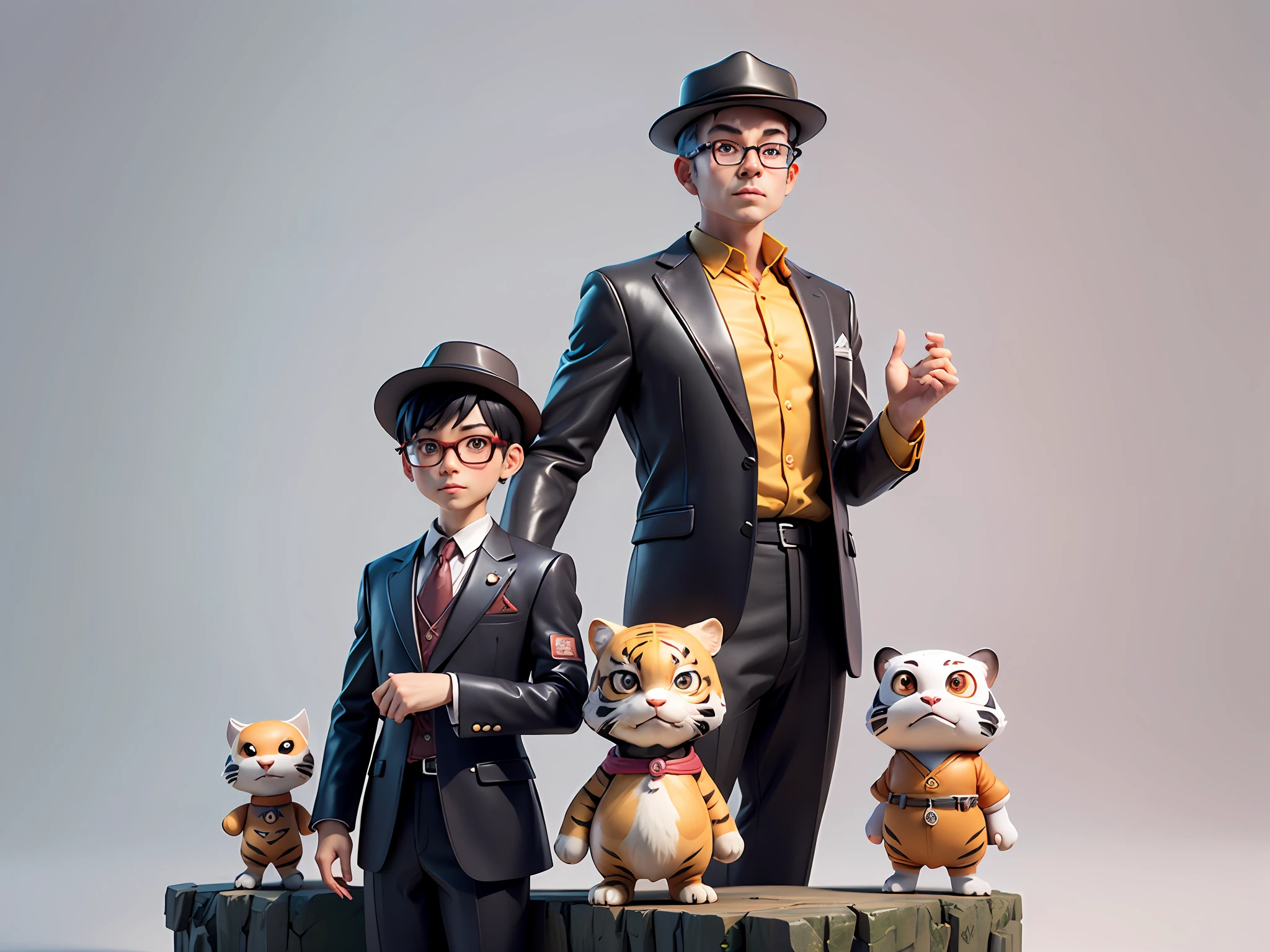 Young man with oriental face in leather hat, tiger, oriental face in formal suit, short black hair, silver glasses, digital painting, 3D character design by Mark Clairedon and Pixar and Hayao Miyazaki and Akira Toriyama, the illustration is a high-definition illustration in 4K resolution with very detailed facial features and cartoon-style visuals.