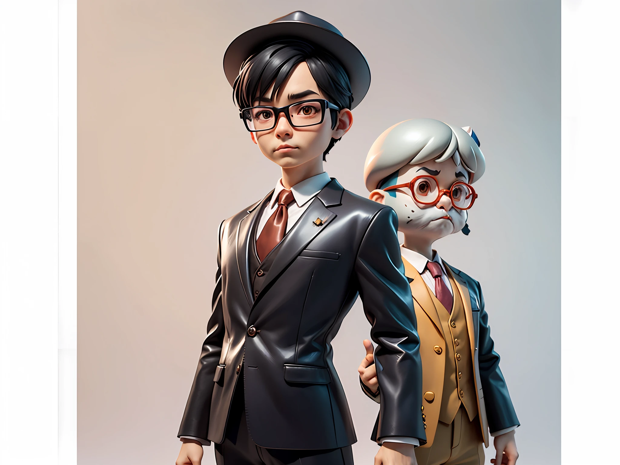 Young man with oriental face in leather hat, tiger, oriental face in formal suit, short black hair, silver glasses, digital painting, 3D character design by Mark Clairedon and Pixar and Hayao Miyazaki and Akira Toriyama, the illustration is a high-definition illustration in 4K resolution with very detailed facial features and cartoon-style visuals.