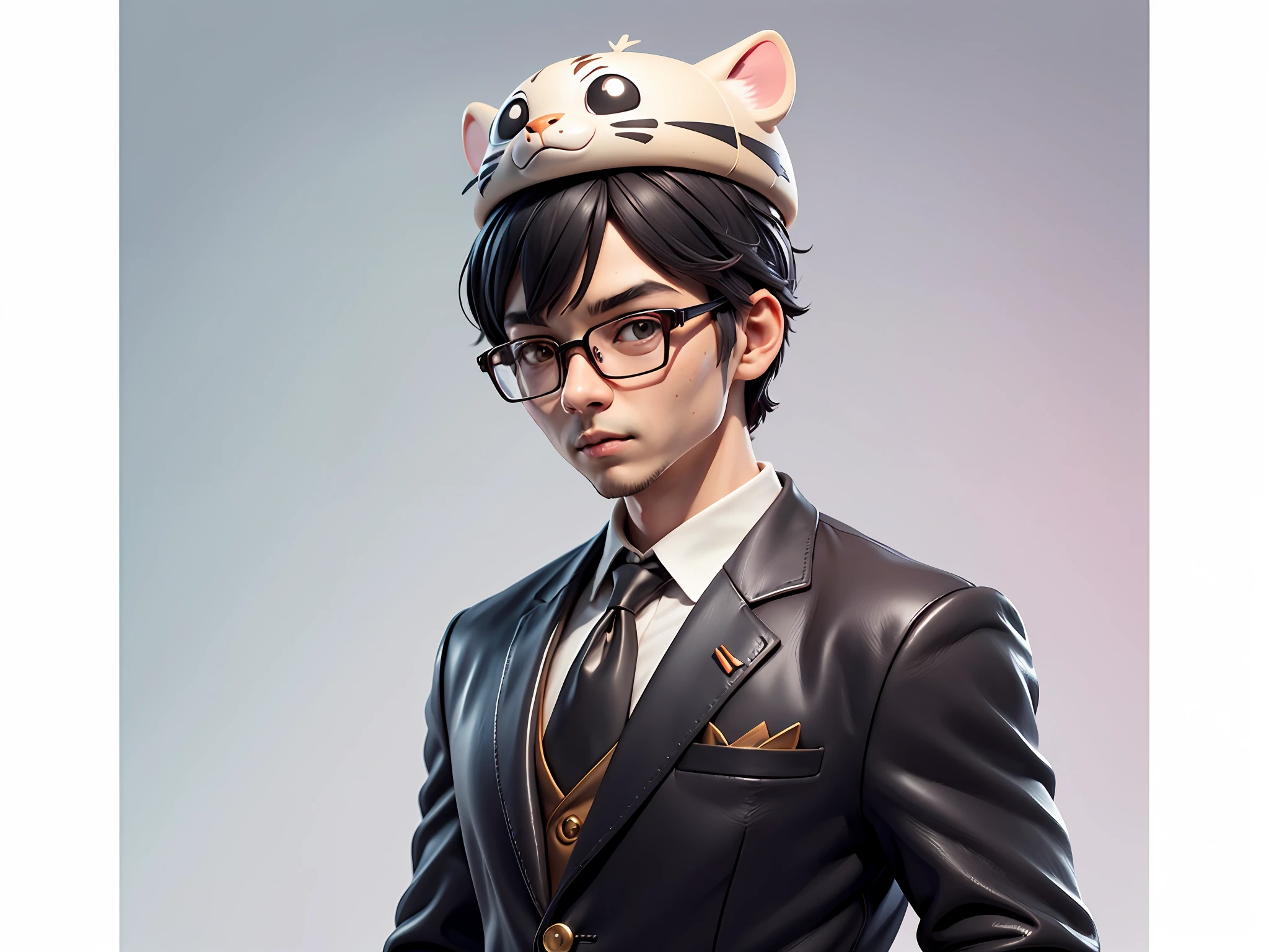 Young man with oriental face in leather hat, tiger, oriental face in formal suit, short black hair, silver glasses, digital painting, 3D character design by Mark Clairedon and Pixar and Hayao Miyazaki and Akira Toriyama, the illustration is a high-definition illustration in 4K resolution with very detailed facial features and cartoon-style visuals.