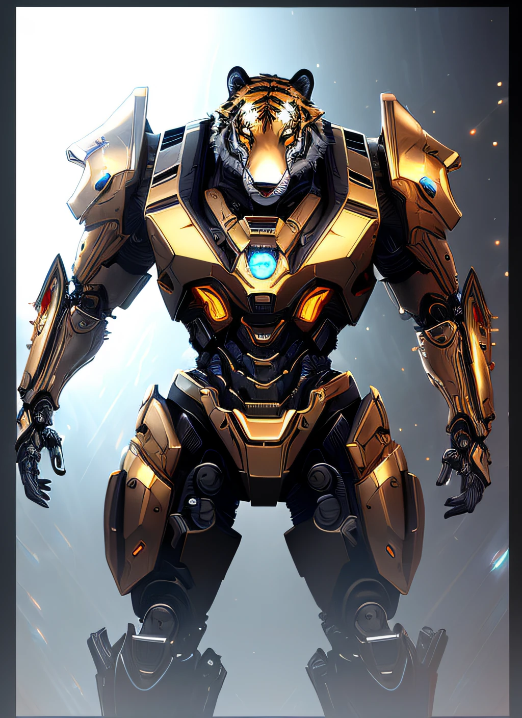 Alpha Wolf - futuristic biomechanical android, beautiful natural soft light, border light, golden fractal details, smooth metallic lace, muscular, fractal mandelbot anatomy, diamonds, facial muscles, elegant, extremely detailed, metal armor, octane, hands, tiger, Full body (1:2)