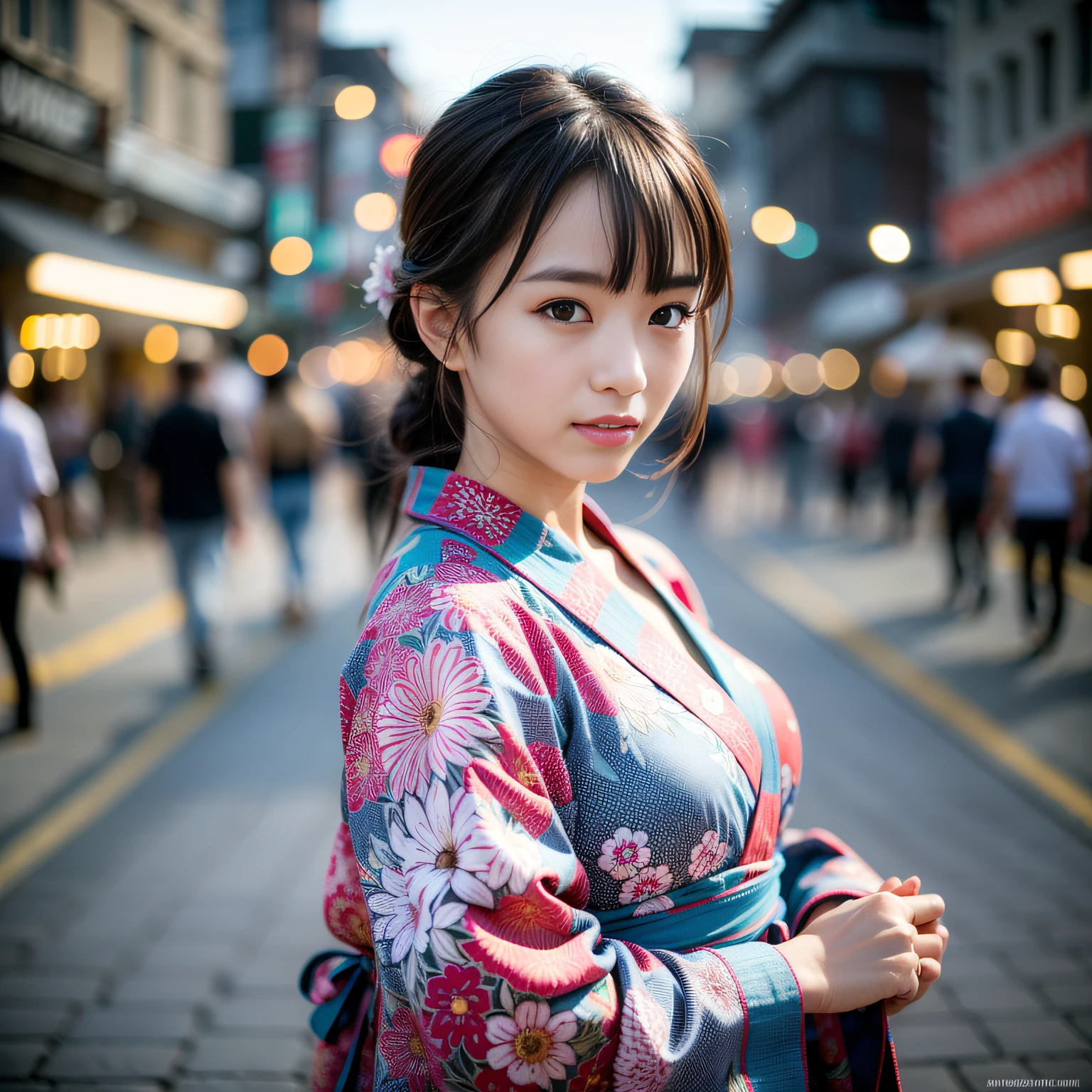 ((Realistic lighting、top-quality、in 8K、masterpiece:1.3))、Clear focus:1.2、1girl in、Nordic beauties、Perfect figure:1.4、Blonde、Wearing yukata、Location is Asakusa、Super fine face、Smiling happily