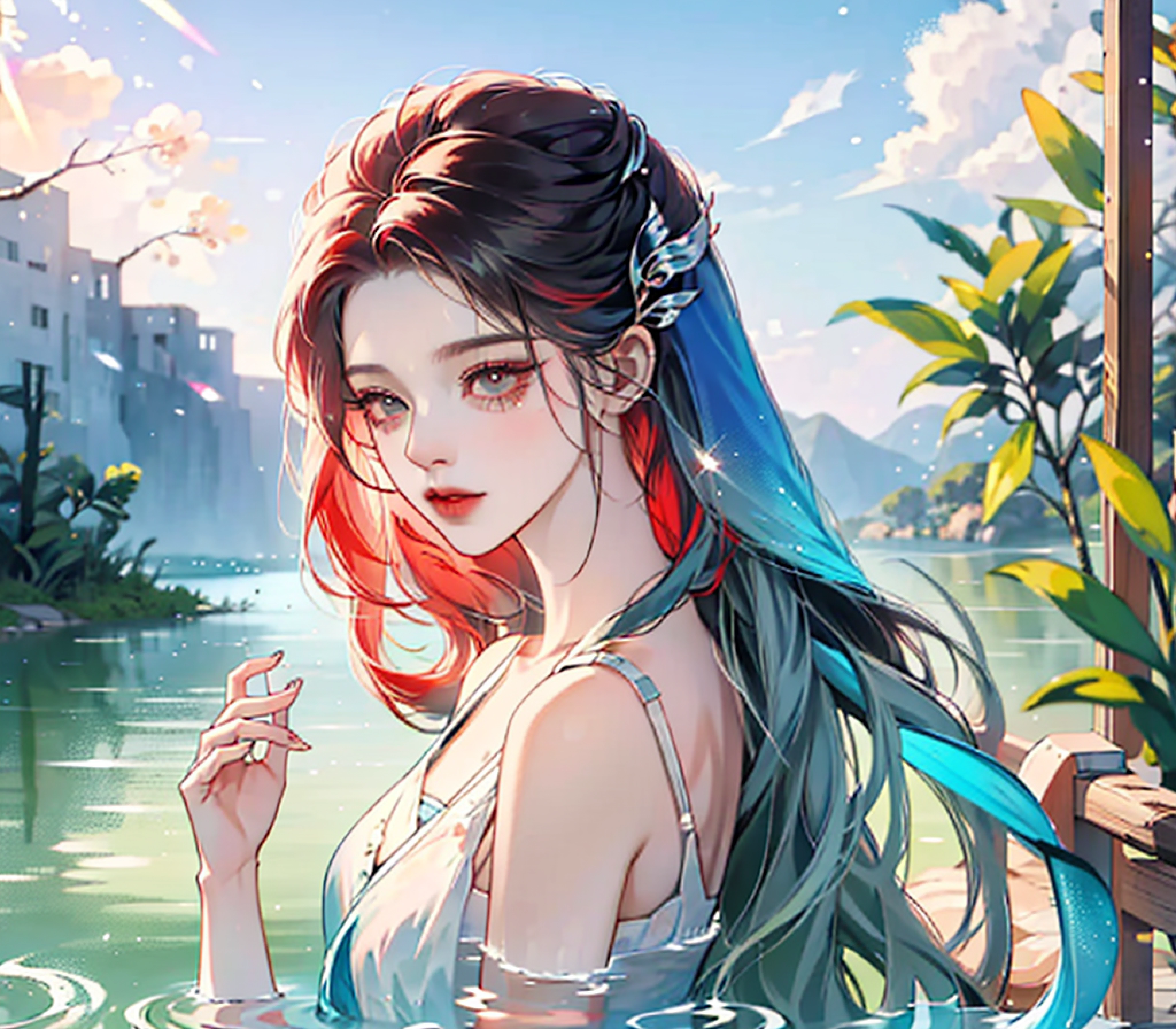 Still water flows deeply,A song of vicissitudes, Girl with long flowing hair ,Goddess Maiden ,Lake blue red gradient hair,Plain white simple dress, Extremely smooth long hair, Anthropomorphization of furry plants ,spectacular backdrops,an abandonded courtyard, Overgrowth
