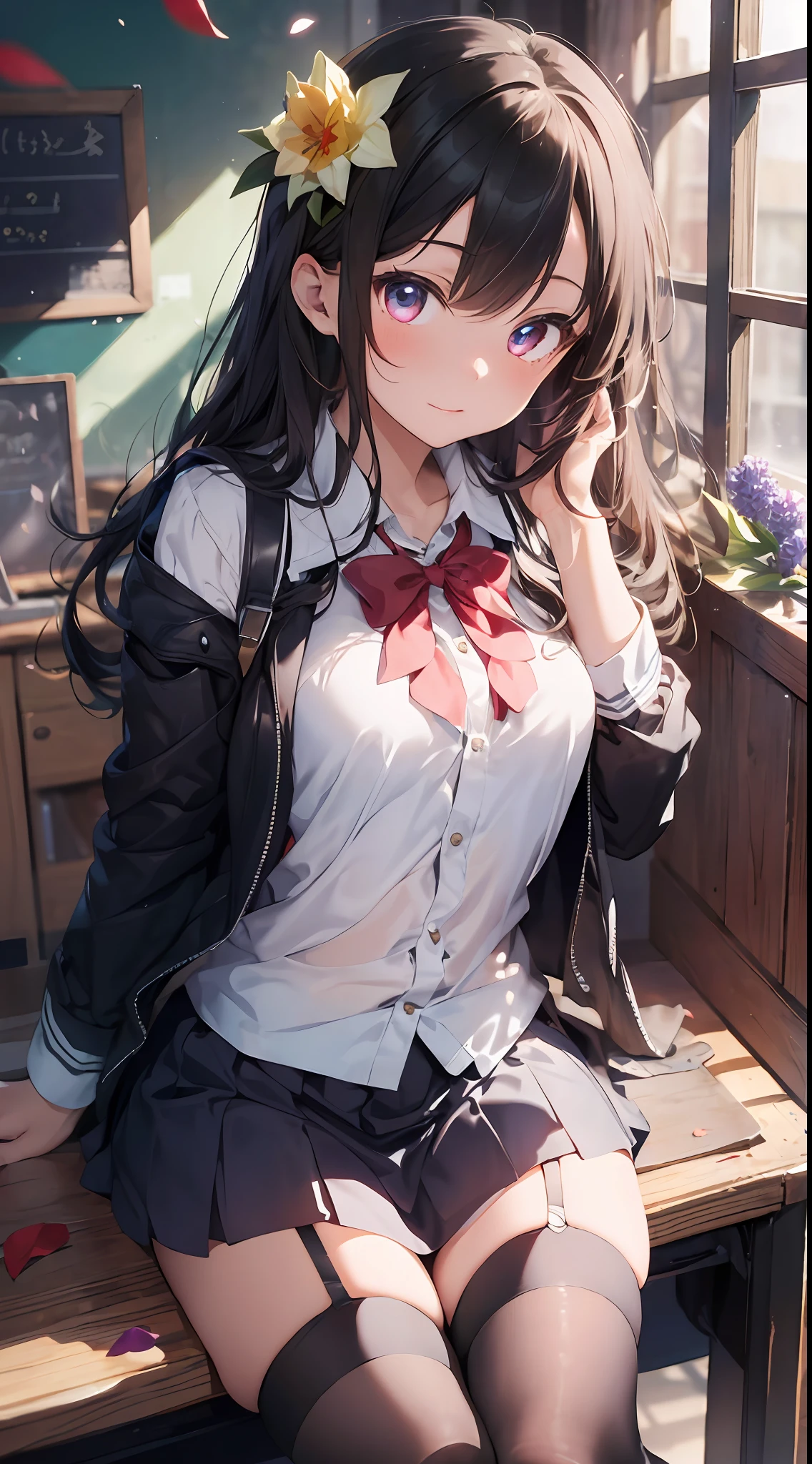 ((masterpiece, best quality)), 1girl, beautiful detailed eyes, ruby eyes, school uniform, skirt, vivid, flower, daffodil, hyacinth, falling petals, high black stocking