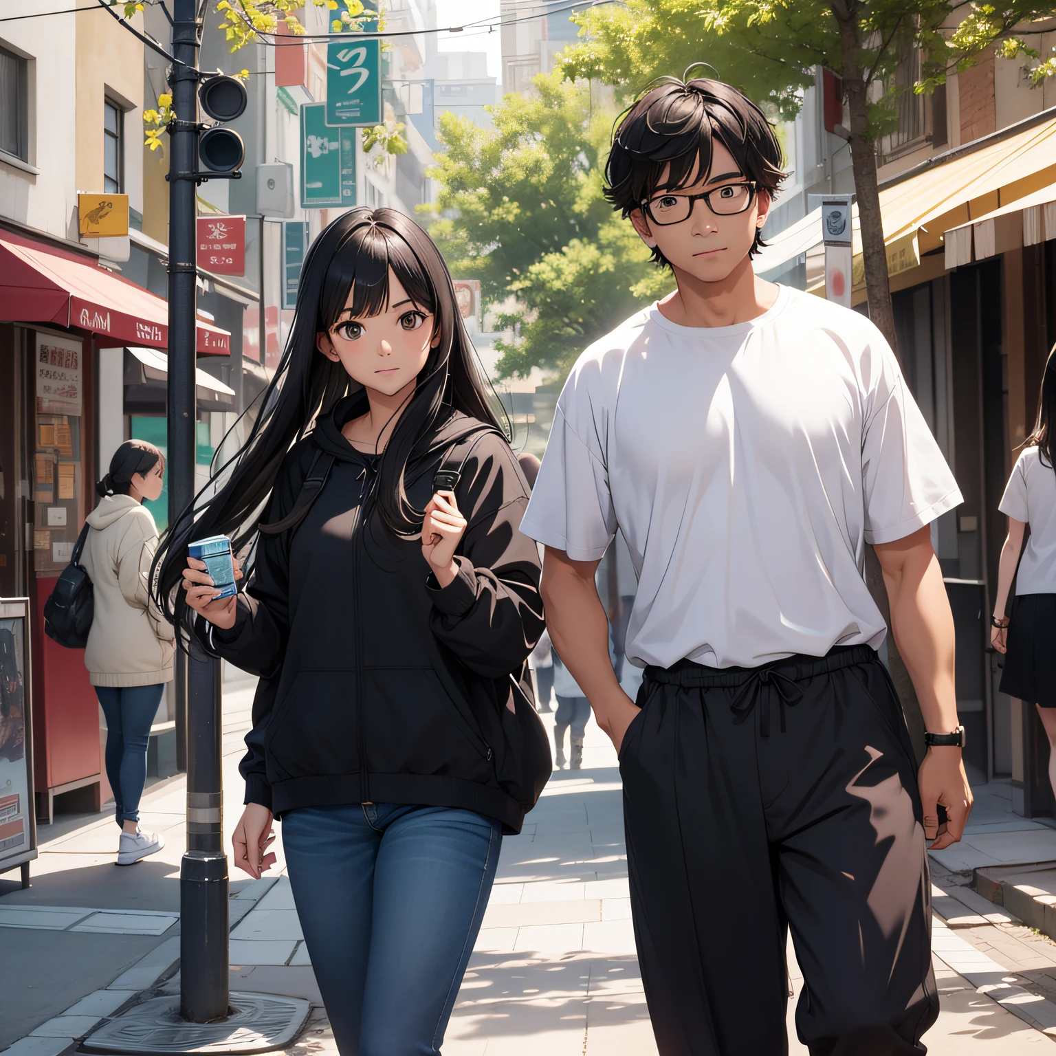 Fourth-tier small county town，Around 30 degrees north latitude，A man and a woman in September，Around twenty-five years old，Girls ride electric cars to carry boys，Girl's ponytail black T-shirt is 163cm tall，Weight 90 pounds，The boy wears glasses with hair of about 10 cm，133 pounds，180cm --auto