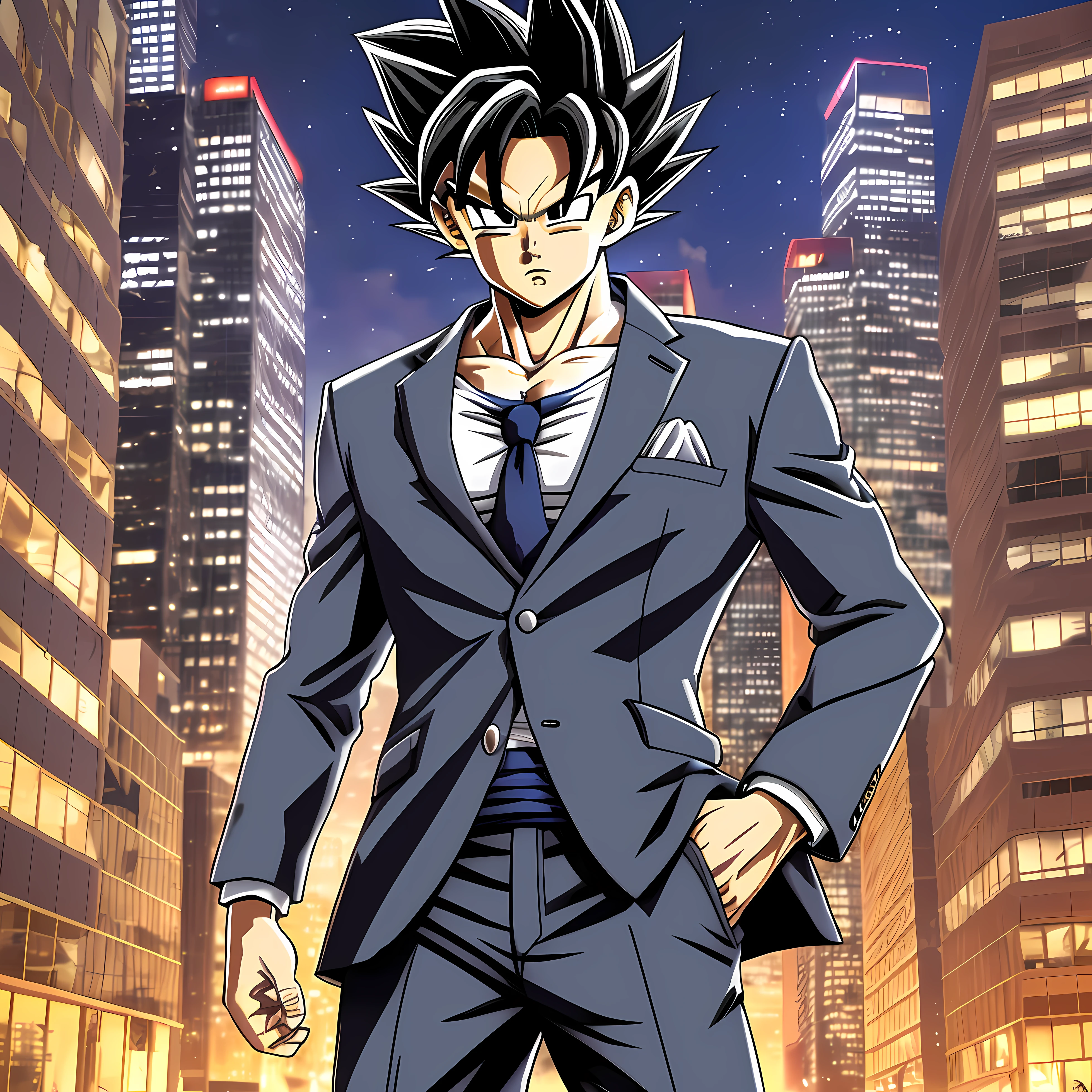 Dragon Ball Son Goku,Business suit,(1male people,AS-Adult, mature:1.4, Idade:1.4, large tall, Handsome),city night scene,high definition detail,tmasterpiece,best qualtiy