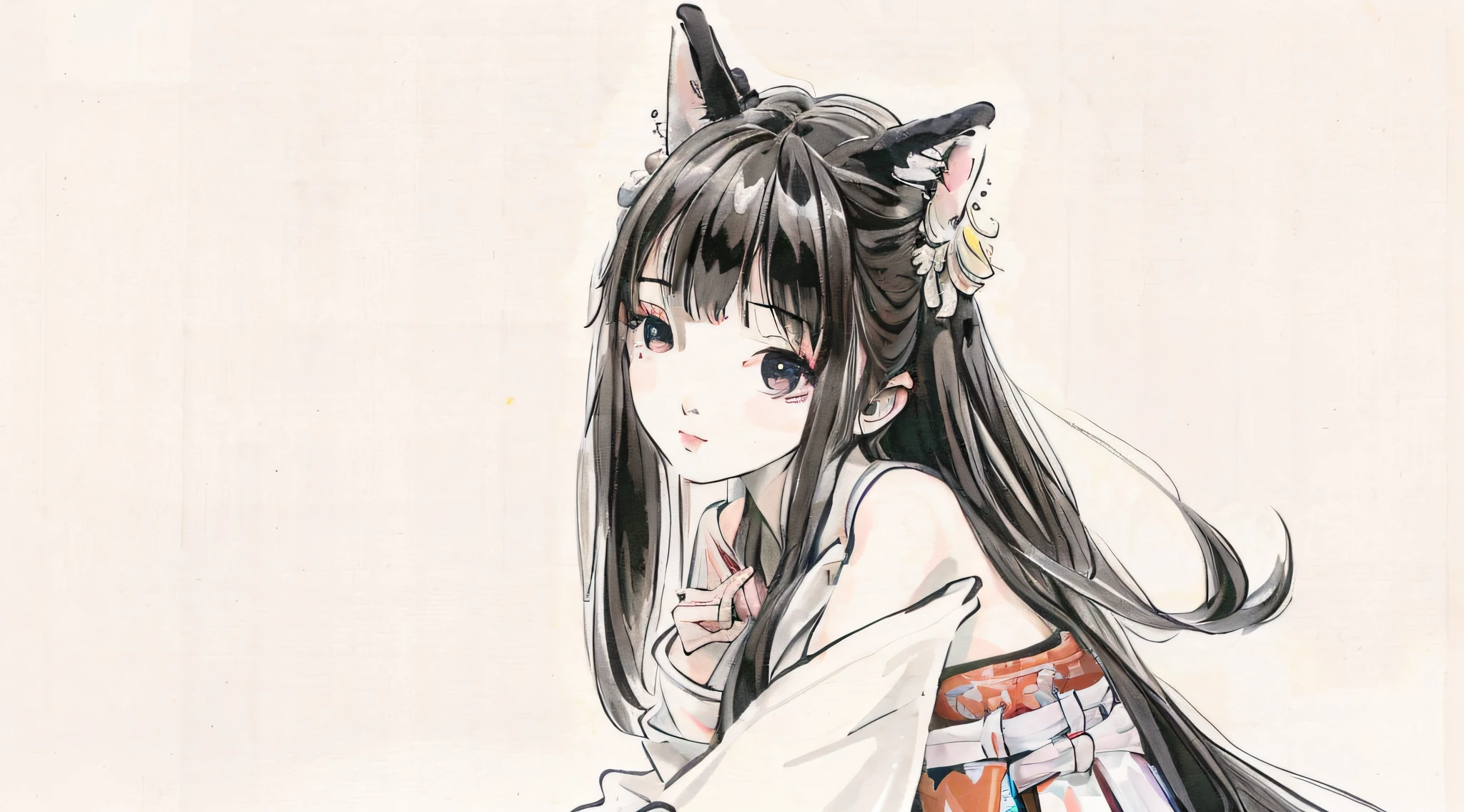 ((4k,masterpiece,best quality)), shuimobysim, Chinese painting, lotus, hanfu, maxiskit, dressed conservative 1 girl, solo, white hair, long hair, fox ears, white, bikini, fish, many fish close to the girl, looking at the audience, teasing