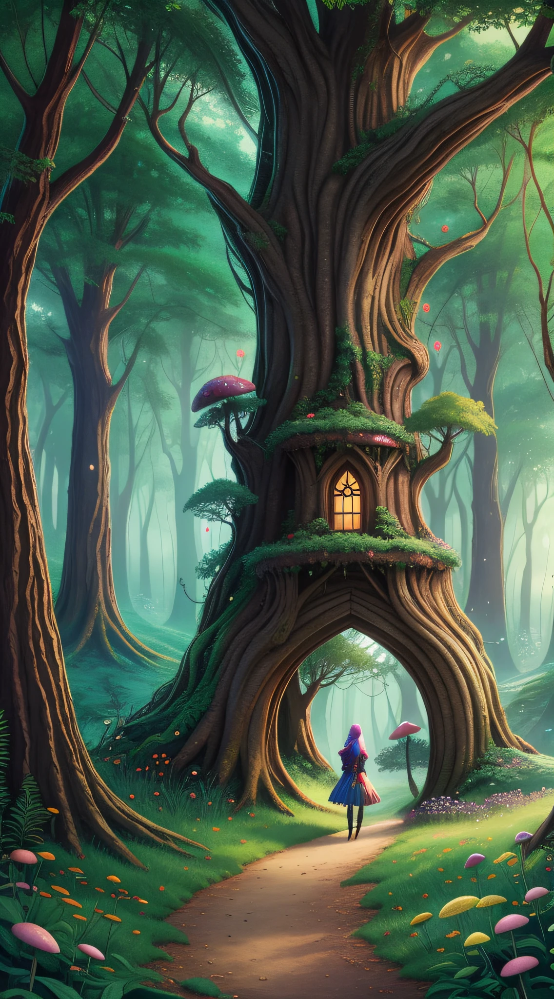 There was a woman standing in the forest，There are mushrooms, magical fantasy forest, enchanted magical fantasy forest, colorful concept art, Magical tree, large magical trees, Fantasy Tree, a magical forest, an enchanted forest, wonderland portal, magic fairy forest, Fantasy Forest, psychedelic forest, whimsical fantasy landscape art, wonderland at night, Magic Forest, jen bartel, fantasy magical vegetation