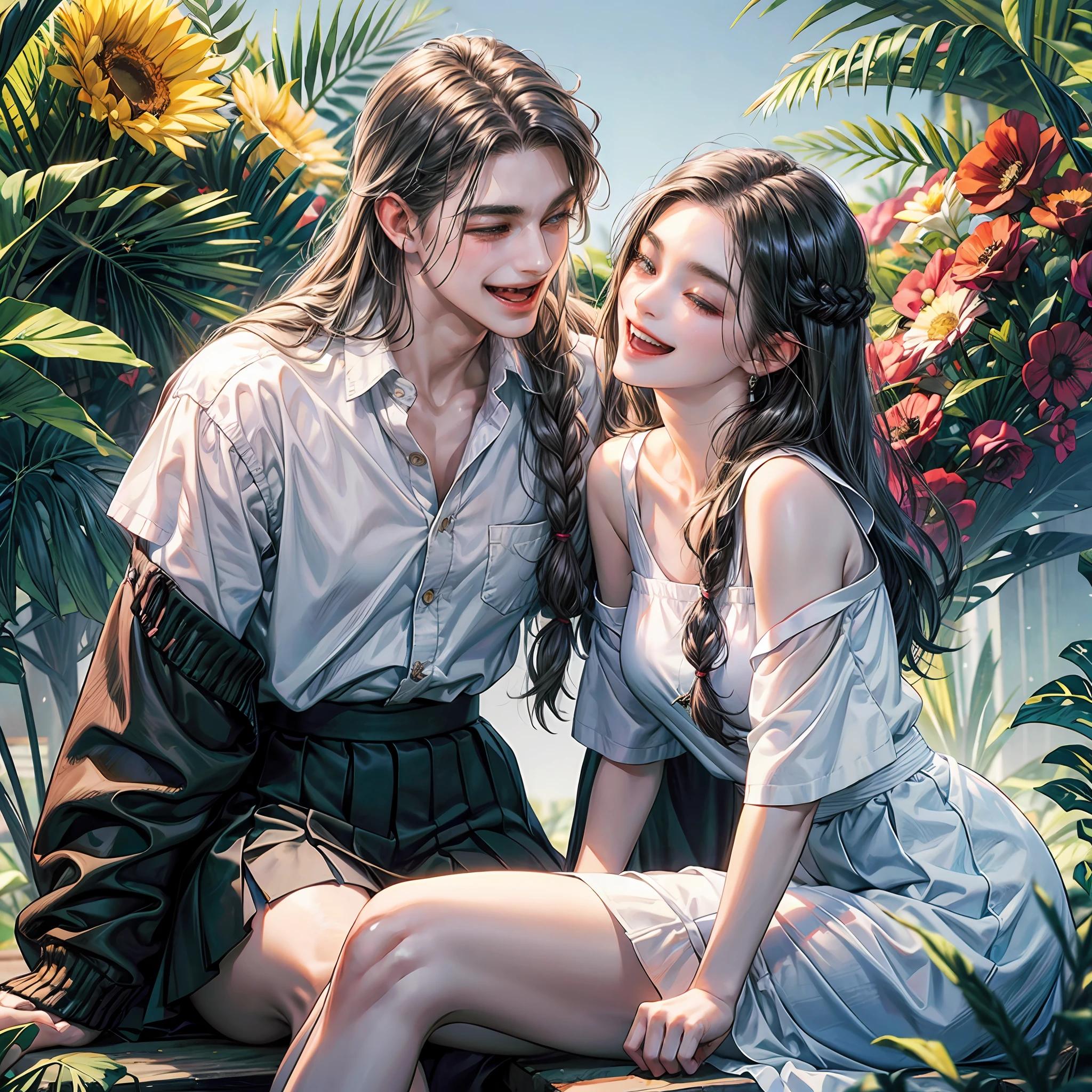 schoolgirls,White knee-length skirt,Long hair braided in braids,White-colored skin,There are gums when laughing,full bodyesbian --auto