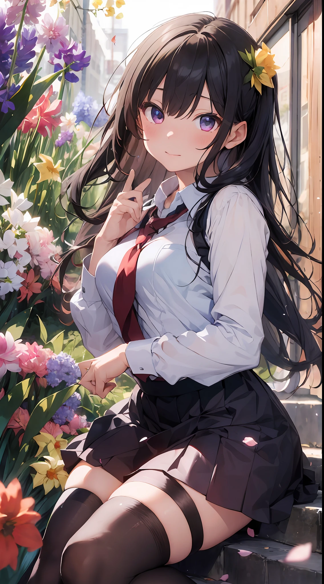 ((masterpiece, best quality)), 1girl, beautiful detailed eyes, ruby eyes, school uniform, skirt, vivid, flower, daffodil, hyacinth, falling petals, high black stocking