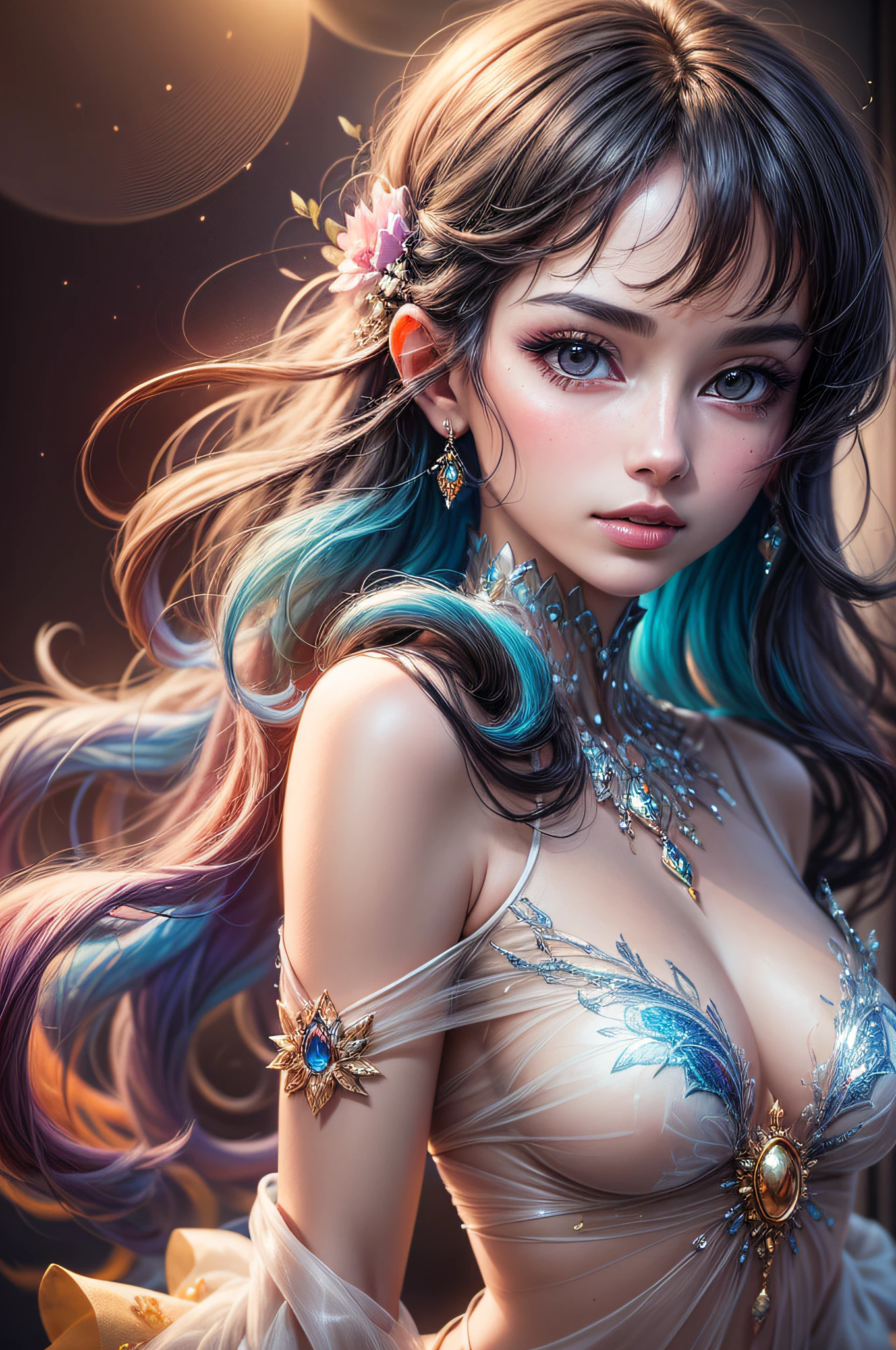 Beautiful girl story wrapped in love, Beautiful eye details, A captivating anime girl gracefully emerges from the pages of a watercolor painting, Her vivid and complex colors are, Bring your artwork to life, (see-through transparent clothes, transparent costume:1.5), She dons an extraordinary fantasy costume adorned with delicate details, reflecting the enchanting world she inhabits, Luminescent elements, like glowing crystals and ethereal wisps, surround her, casting a soft, otherworldly glow, The style of watercolor painting is、Imbues the image with a sense of fluidity and delicacy, as if the colors are effortlessly blending and bleeding into one another, Camera shot: medium shot, Soft Focus, luminescent glow Lighting, watercolor brushstrokes, Sophisticated and very delicate anime illustration, unique colors, Portrait of an anime girl, infinite love, rainbow-colored, beautiful girl illuminated by seven colors of light,