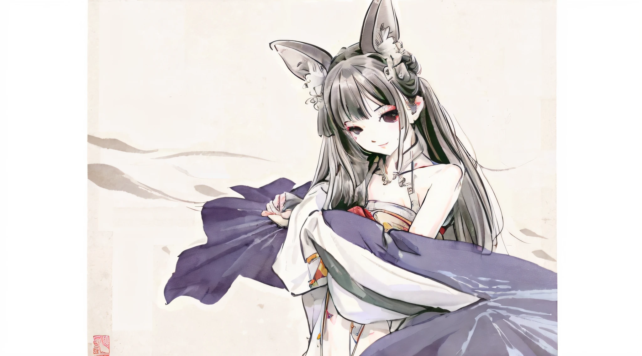 ((4k,masterpiece,best quality)), shuimobysim, Chinese painting, lotus, hanfu, maxiskit, dressed conservative 1 girl, solo, white hair, long hair, fox ears, white, bikini, fish, many fish close to the girl, looking at the audience, teasing