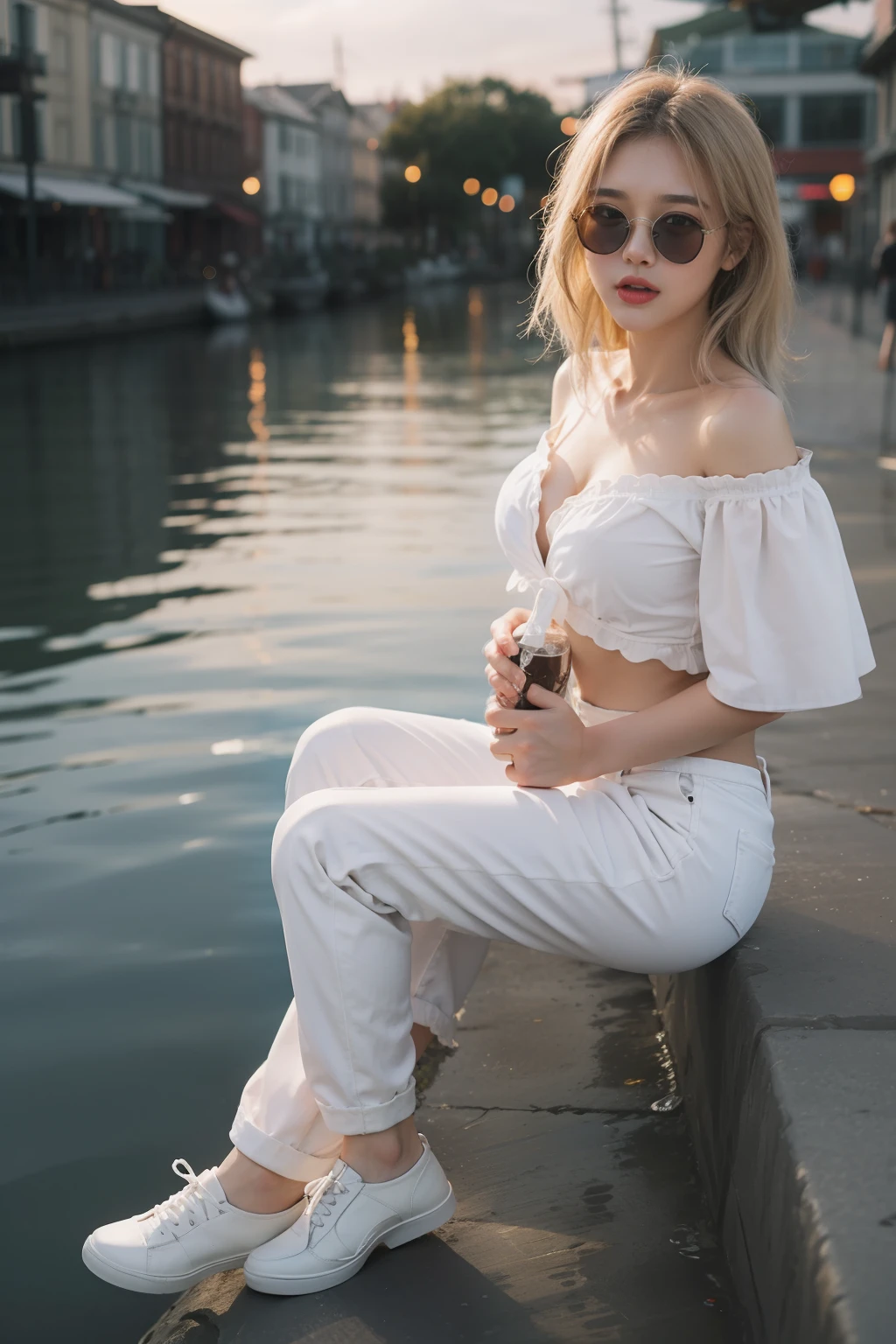 best quality, (masterpiece:1.4), (photorealistic:1.4), detailed eyes, detailed face, detailed hair, 1girl, full body, loli face, white skin, brown eyes, pink lips, off-shoulder white shirt, white pants, boats shoes, (medium breast:1.1), photo model, at sea, sunset, clear sunglasses, raised eyebrows, Social realism, white hair, tongue out, half-closed eyes, hairpods, backlighting, seating chart, sideways, Canon, 135mm, award winning, 8k