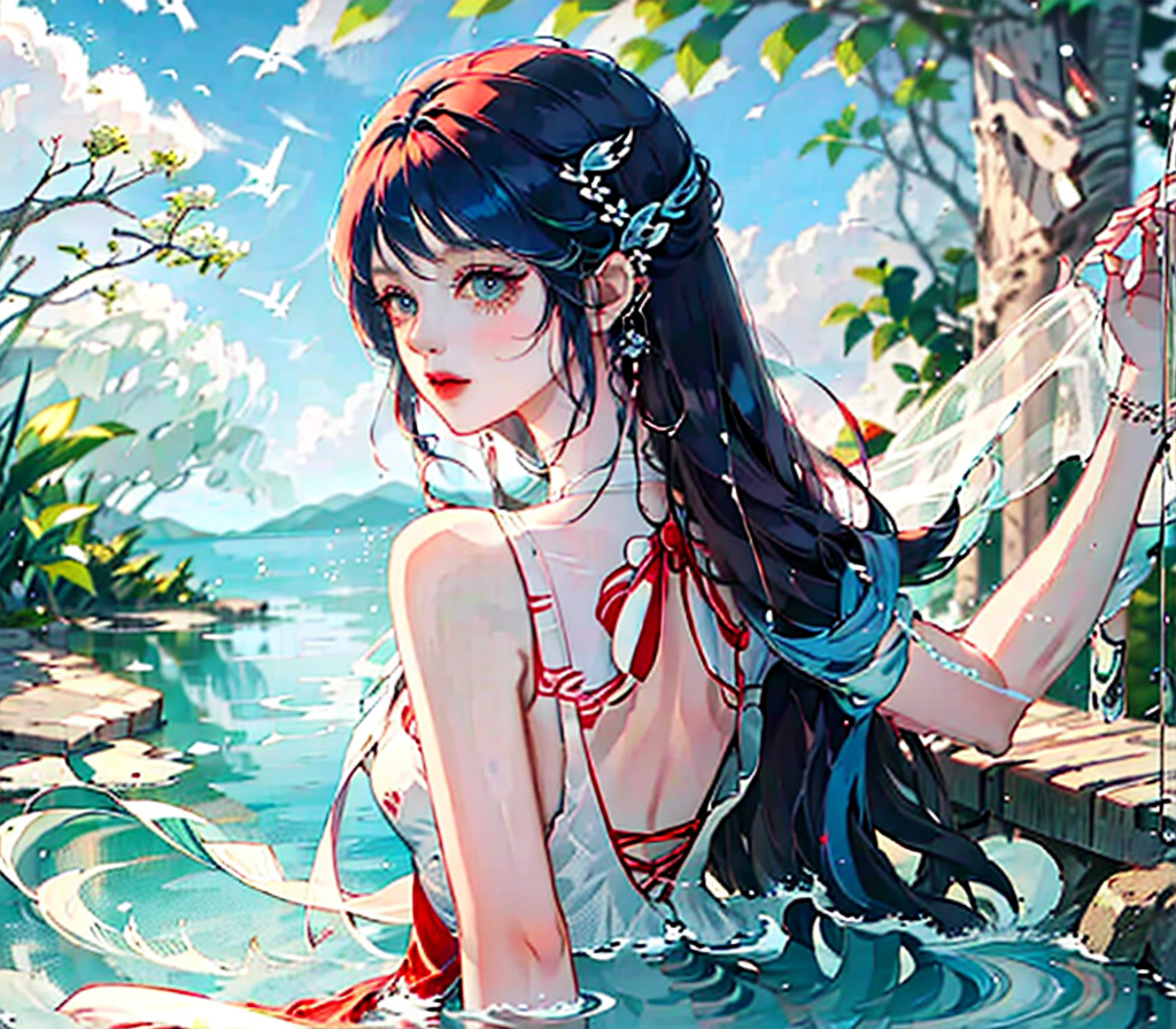 Still water flows deeply，A song of vicissitudes， Girl with long flowing hair ，Goddess Maiden ，Lake blue red gradient hair，Plain white simple dress， Extremely smooth long hair， Anthropomorphization of furry plants ，spectacular backdrops，an abandonded courtyard， Overgrowth