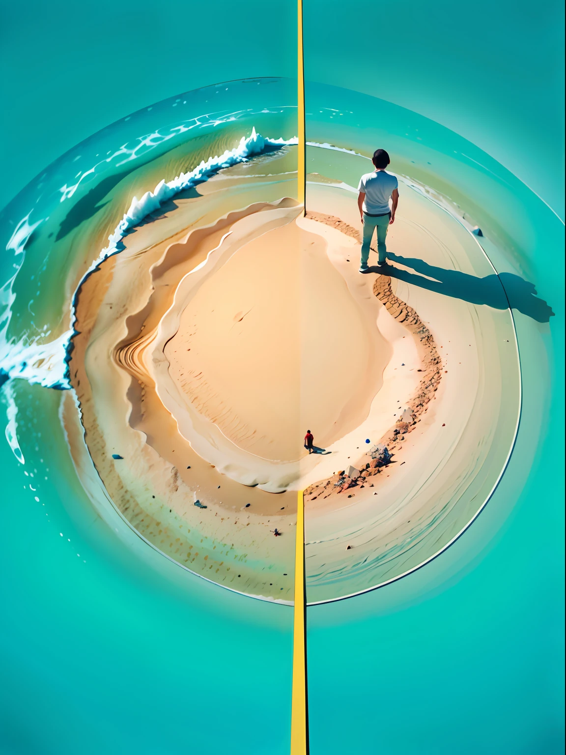 Red sandy beach, blue waters, A person stands in the center of the picture, from above, wide shot, anaglyph, Romanticism, Minimalism, UHD, masterpiece, ccurate, super detail, high details, high quality, best quality