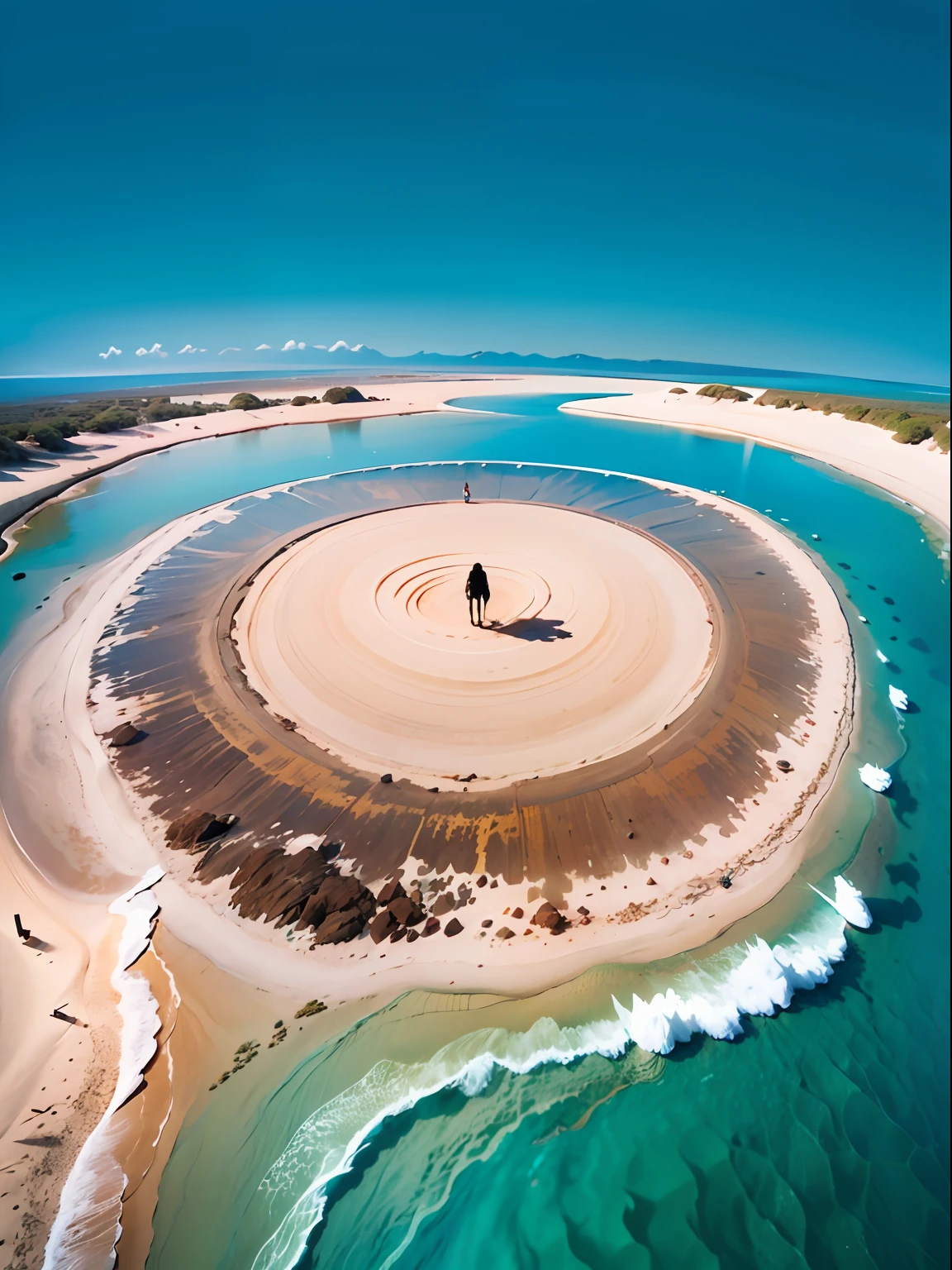 Red sandy beach, blue waters, A person stands in the center of the picture, from above, wide shot, anaglyph, Romanticism, Minimalism, UHD, masterpiece, ccurate, super detail, high details, high quality, best quality