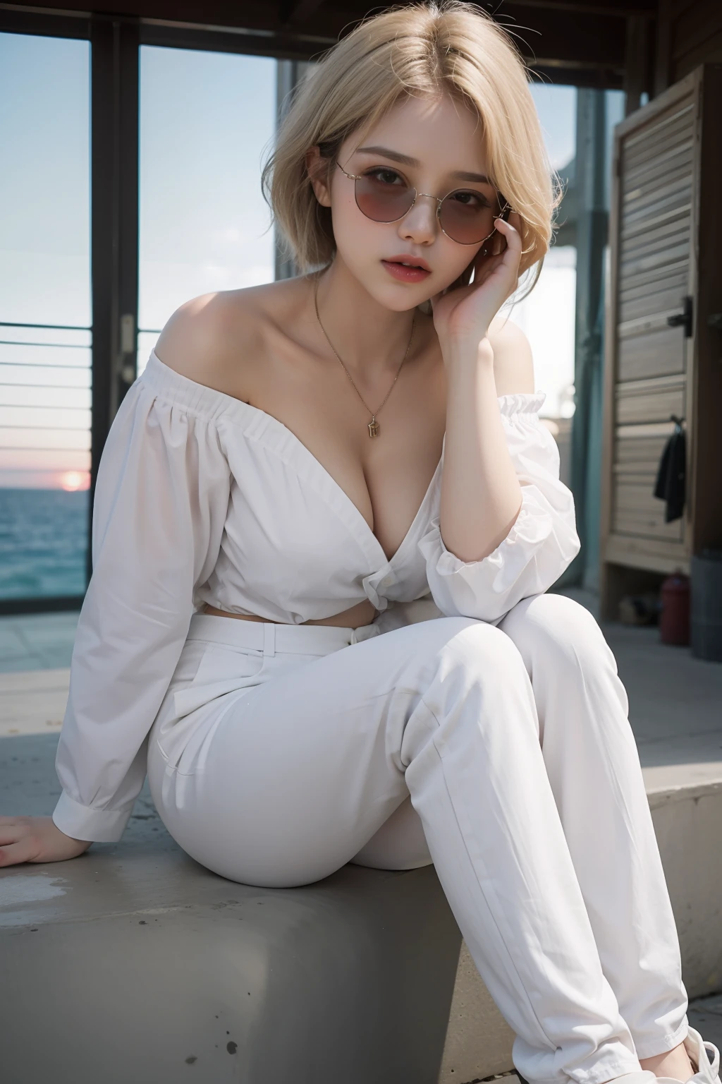 best quality, (masterpiece:1.4), (photorealistic:1.4), detailed eyes, detailed face, detailed hair, 1girl, full body, face, white skin, brown eyes, pink lips, off-shoulder white shirt, white pants, boats shoes, (medium breast:1.1), photo model, at sea, sunset, clear sunglasses, raised eyebrows, Social realism, white hair, tongue out, half-closed eyes, hairpods, backlighting, seating chart, sideways, Canon, 135mm, award winning, 8k